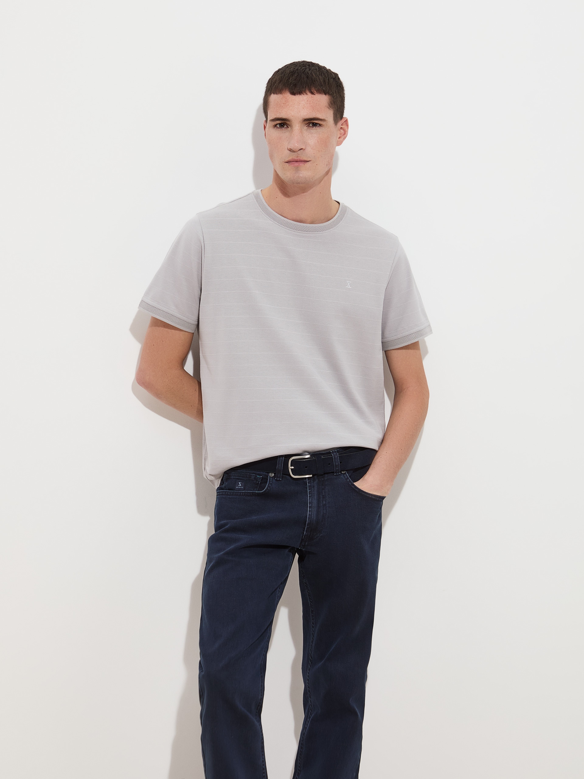 T-shirt de Algodão com Riscas Cinzento-2