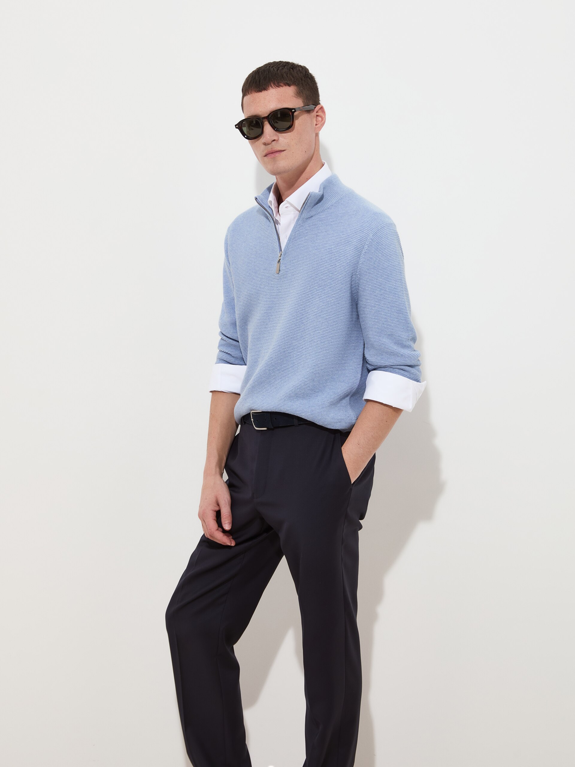 Camisola de Malha com Meio-fecho Azul-claro-3