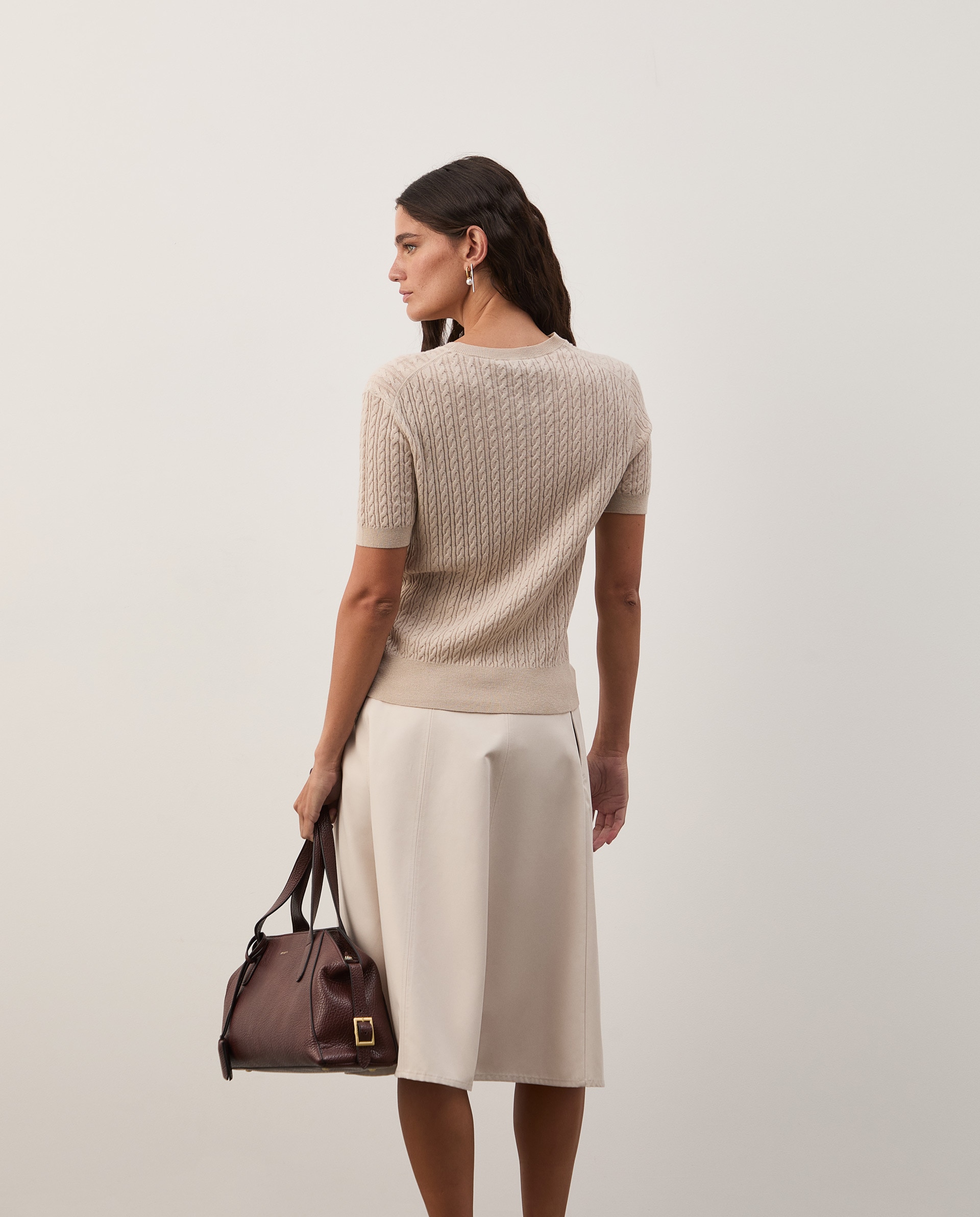 Camisola malha entrançada com lã e caxemira Bege-4