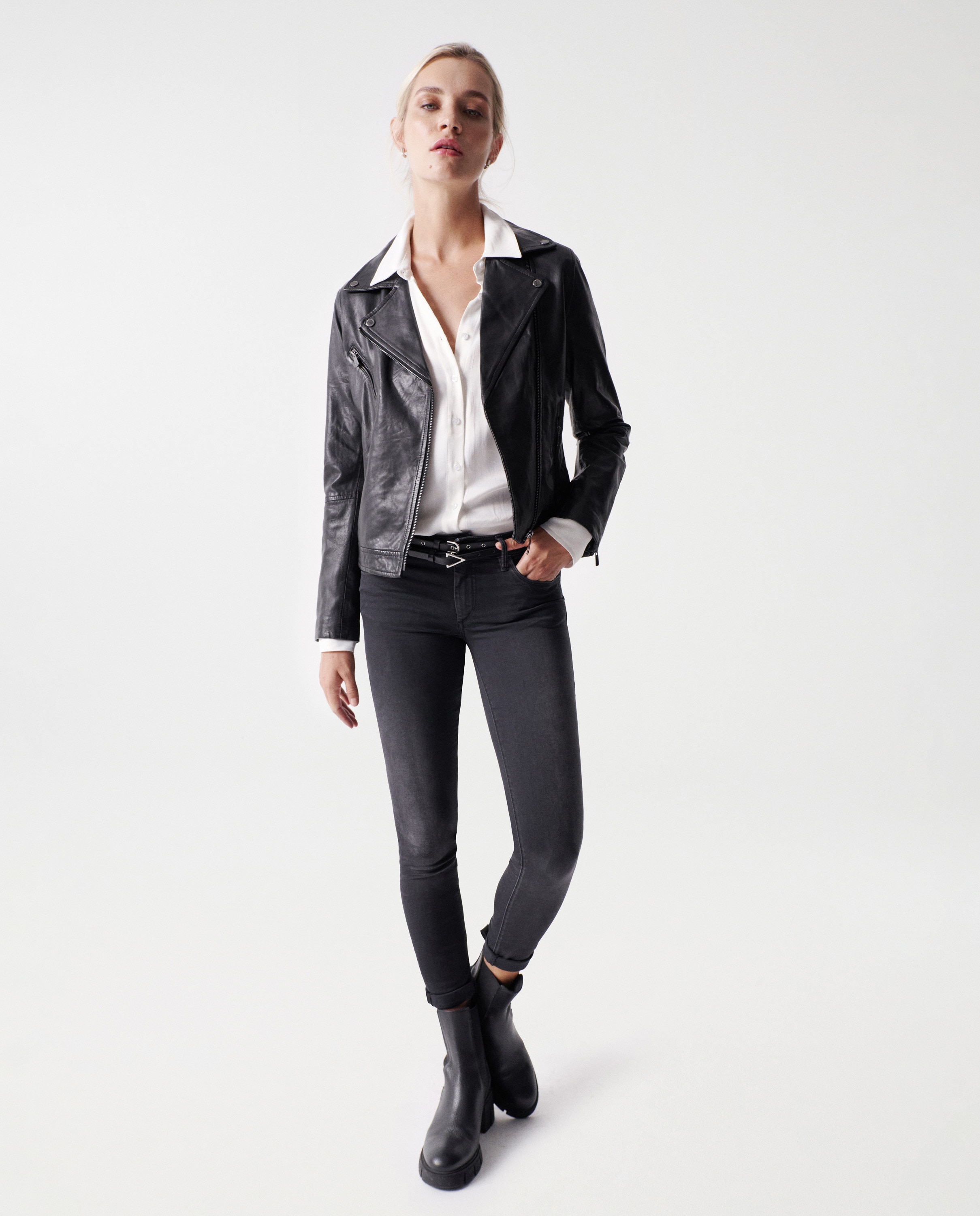 Biker de Couro com Fecho Zip Preto-5