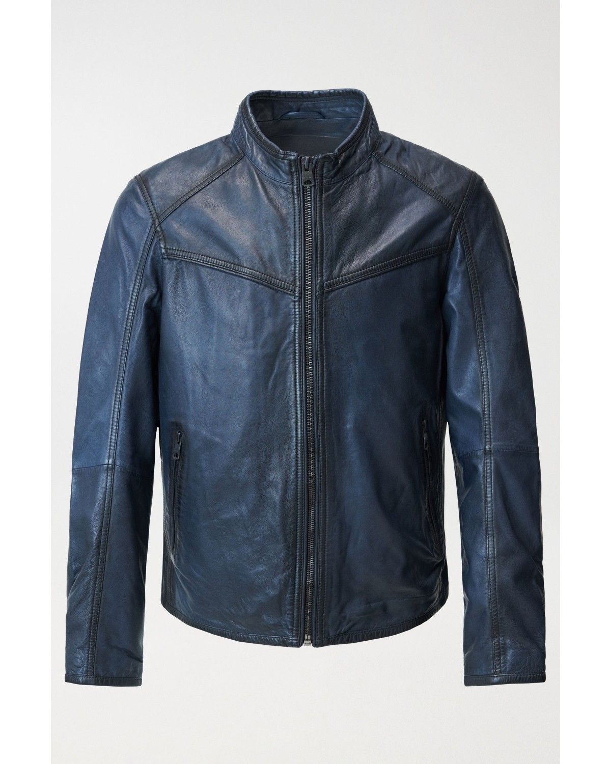 Casaco de Pele Regular com Fecho Zip Azul-escuro-6