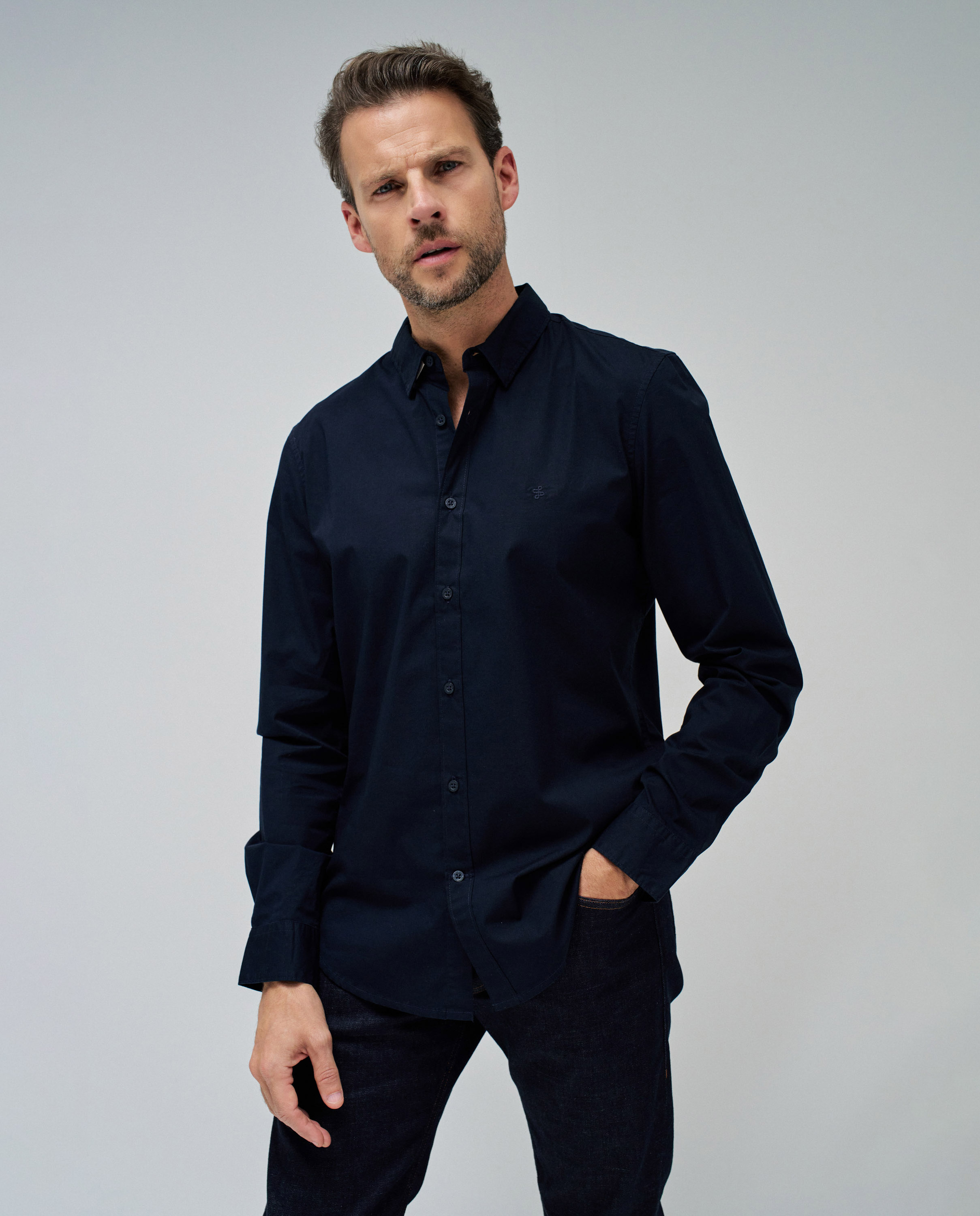 Camisa Slim Lisa de Manga Comprida Azul-marinho-1