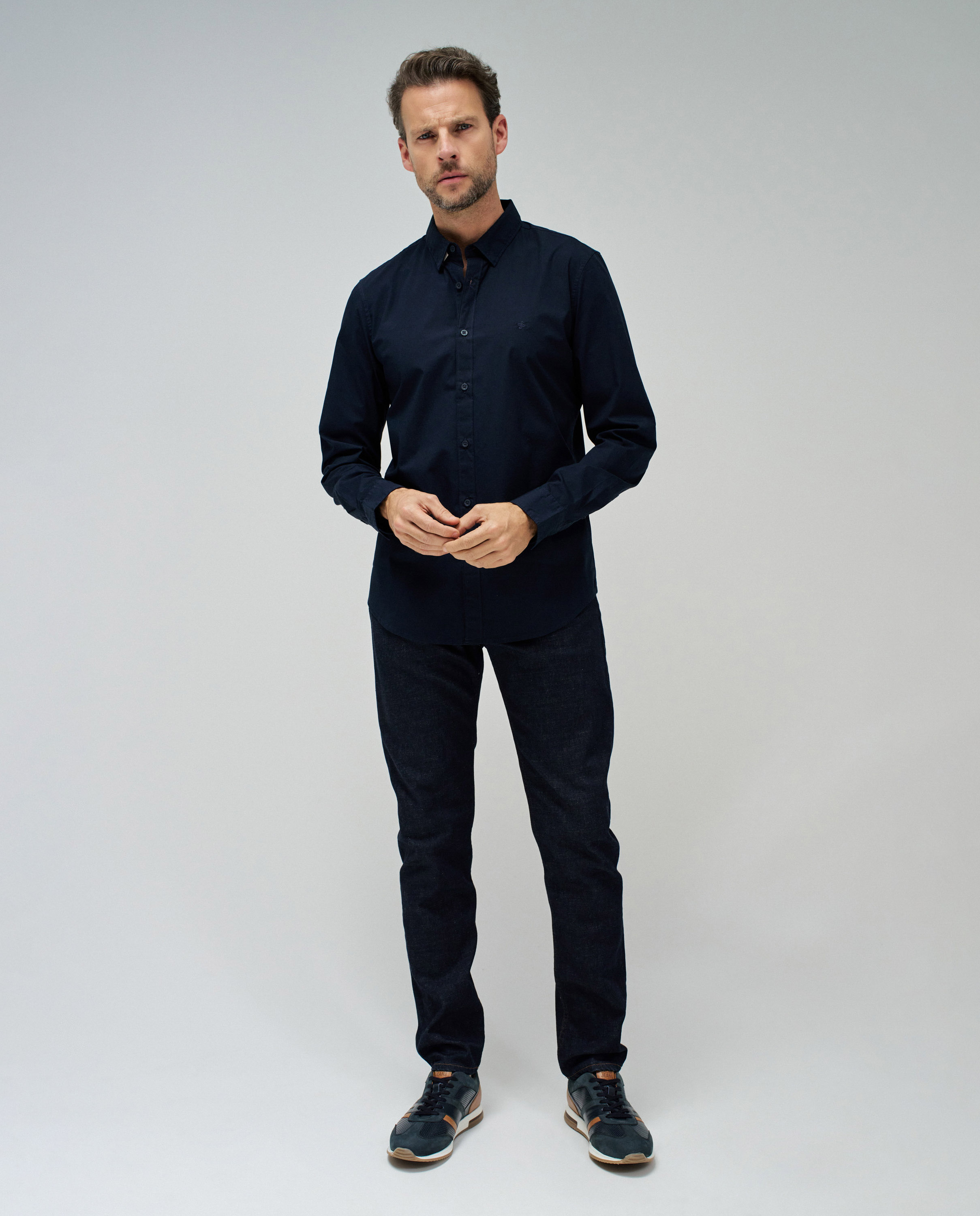 Camisa Slim Lisa de Manga Comprida Azul-marinho-5