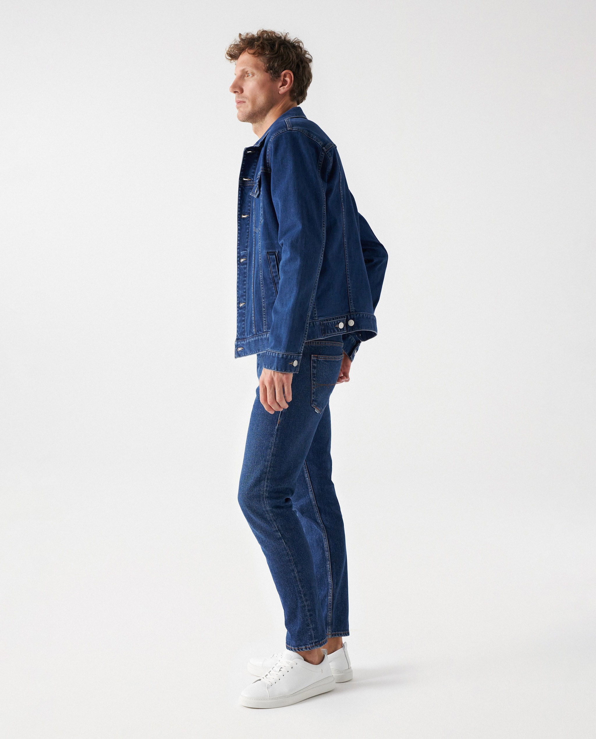 Blusão com Fecho de Botões em Denim Lavado Escuro Azul-2