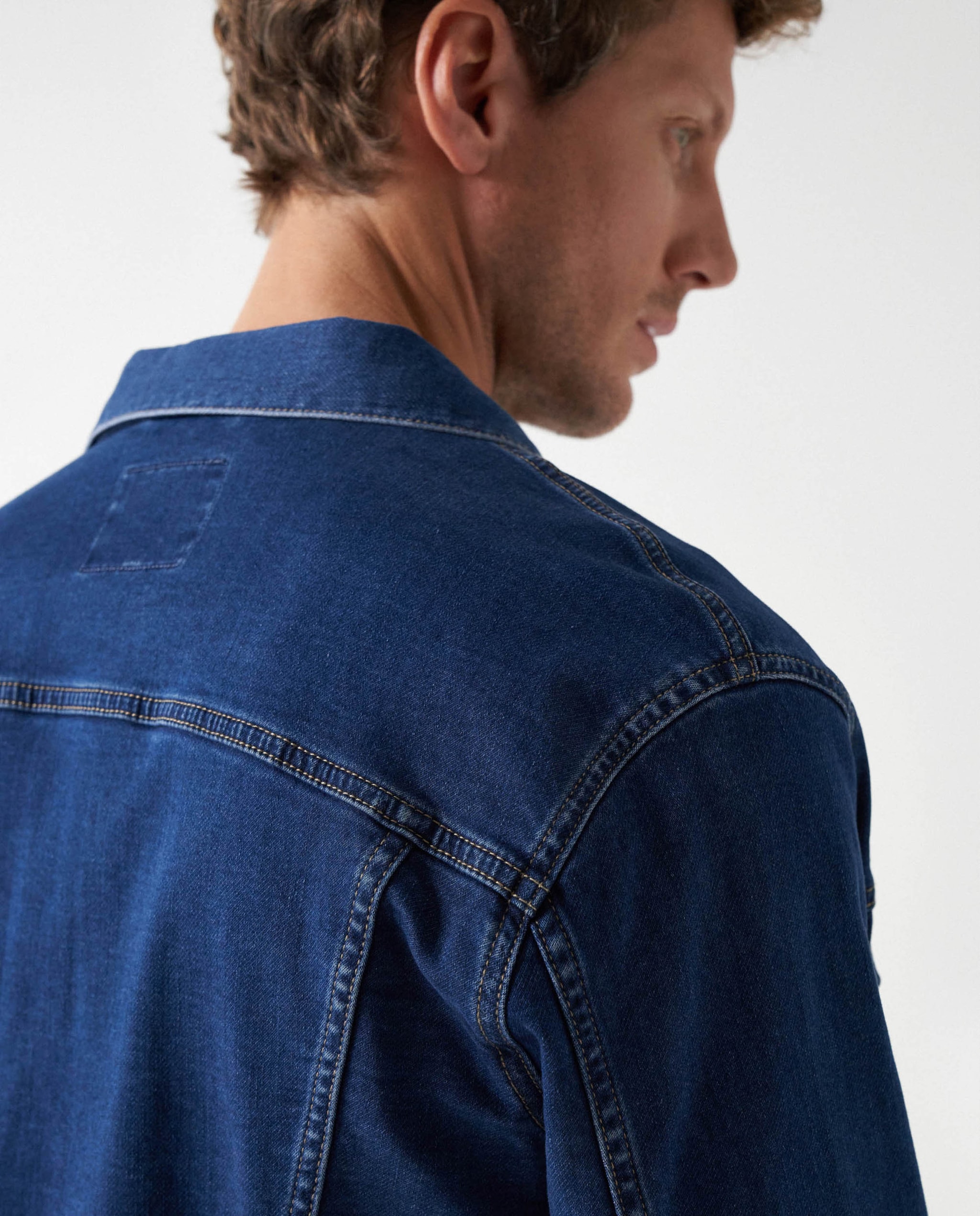 Blusão com Fecho de Botões em Denim Lavado Escuro Azul-4