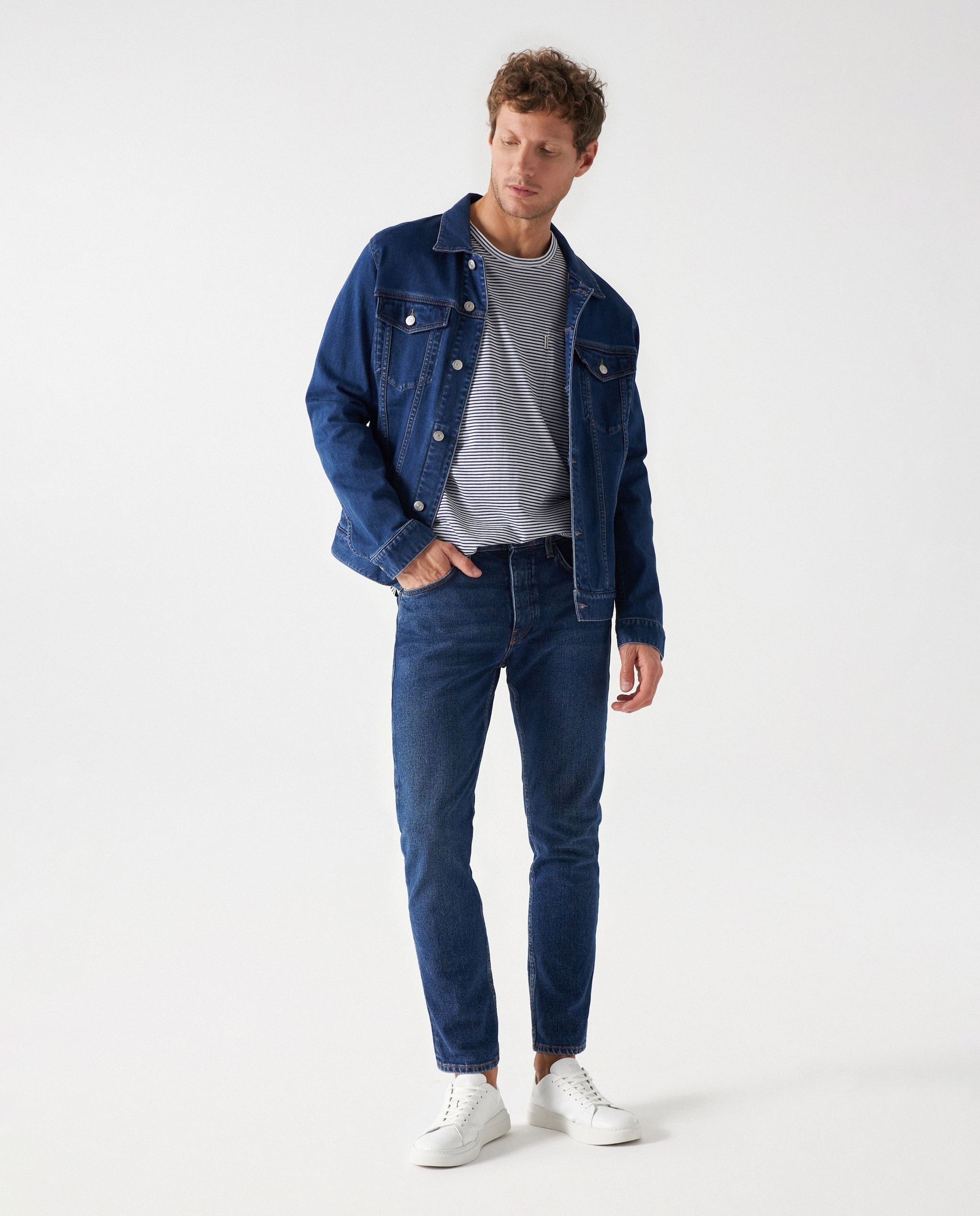 Blusão com Fecho de Botões em Denim Lavado Escuro Azul-5