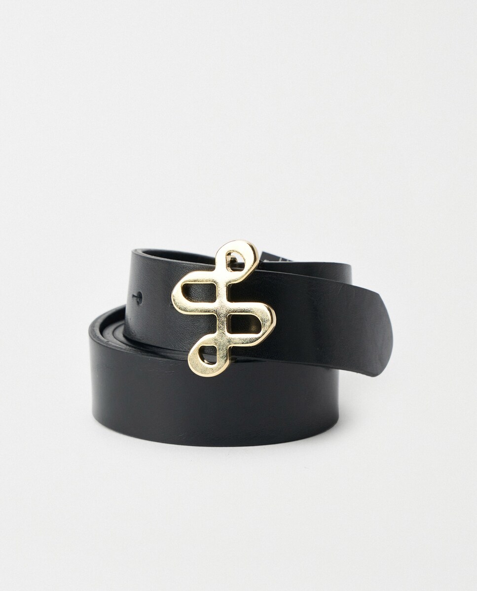 Cinto de Pele com Branding Dourado na Fivela Preto-2