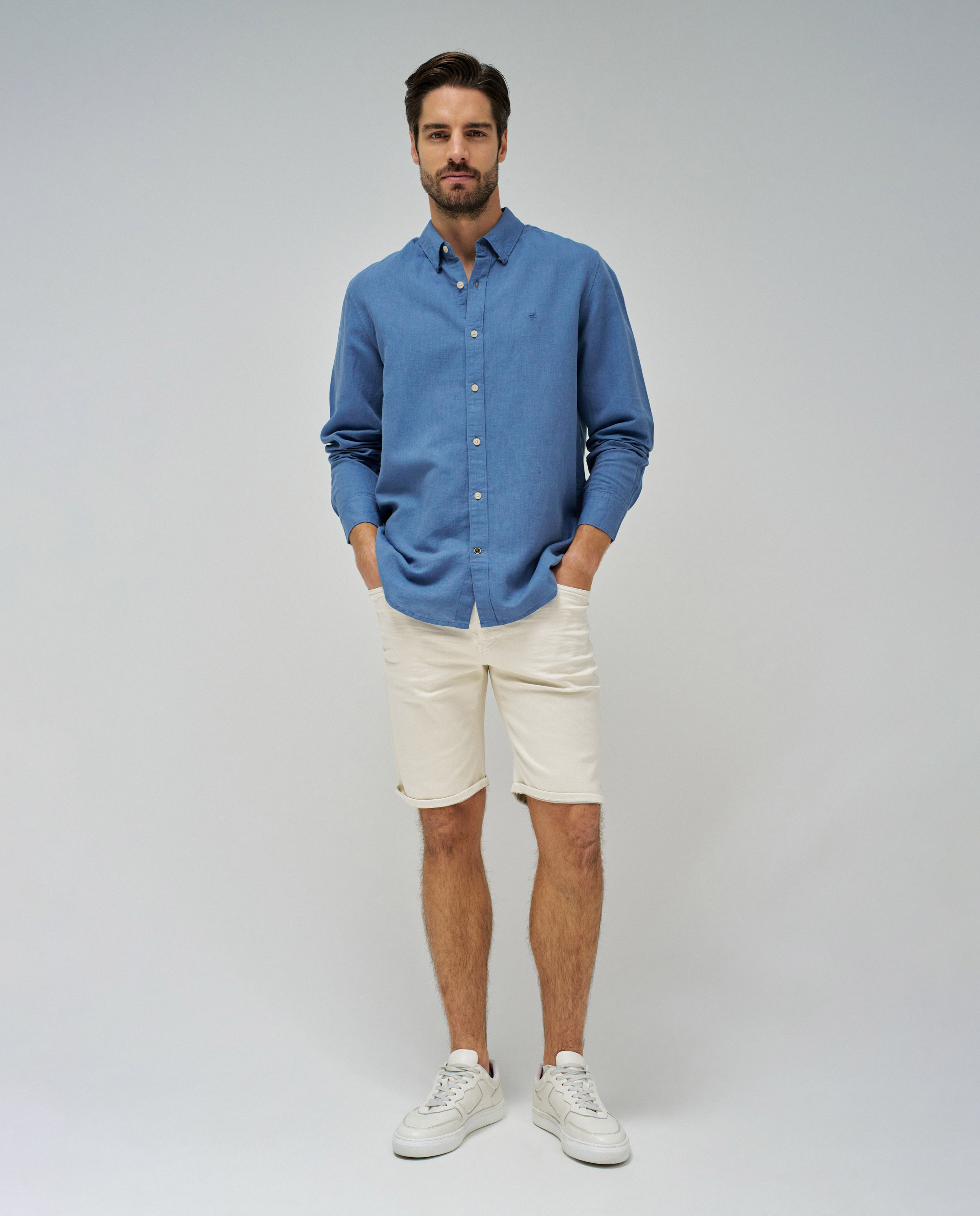 Camisa com Mescla de Linho Azul-5