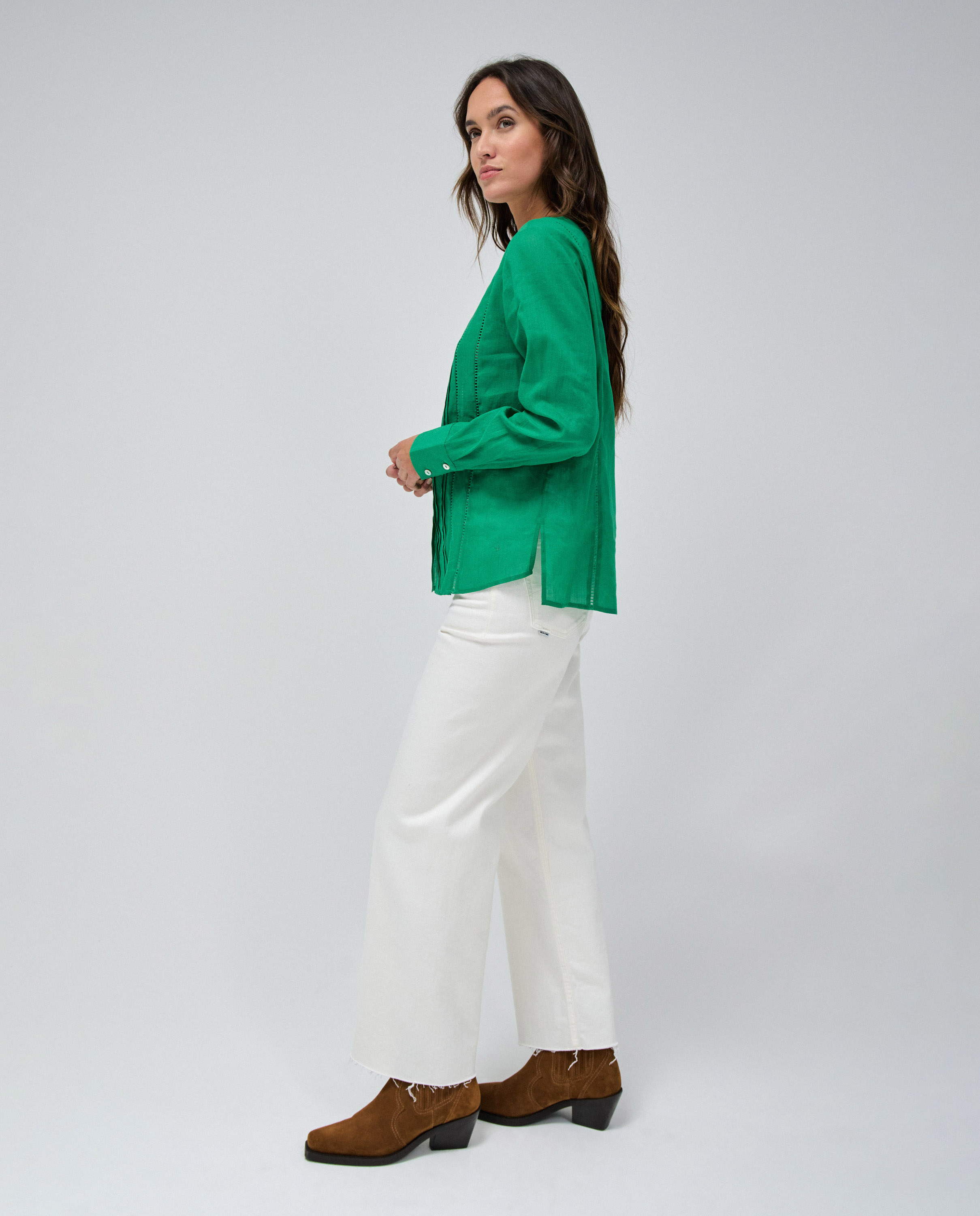 Camisa de Manga Comprida com Entredós Verde-2