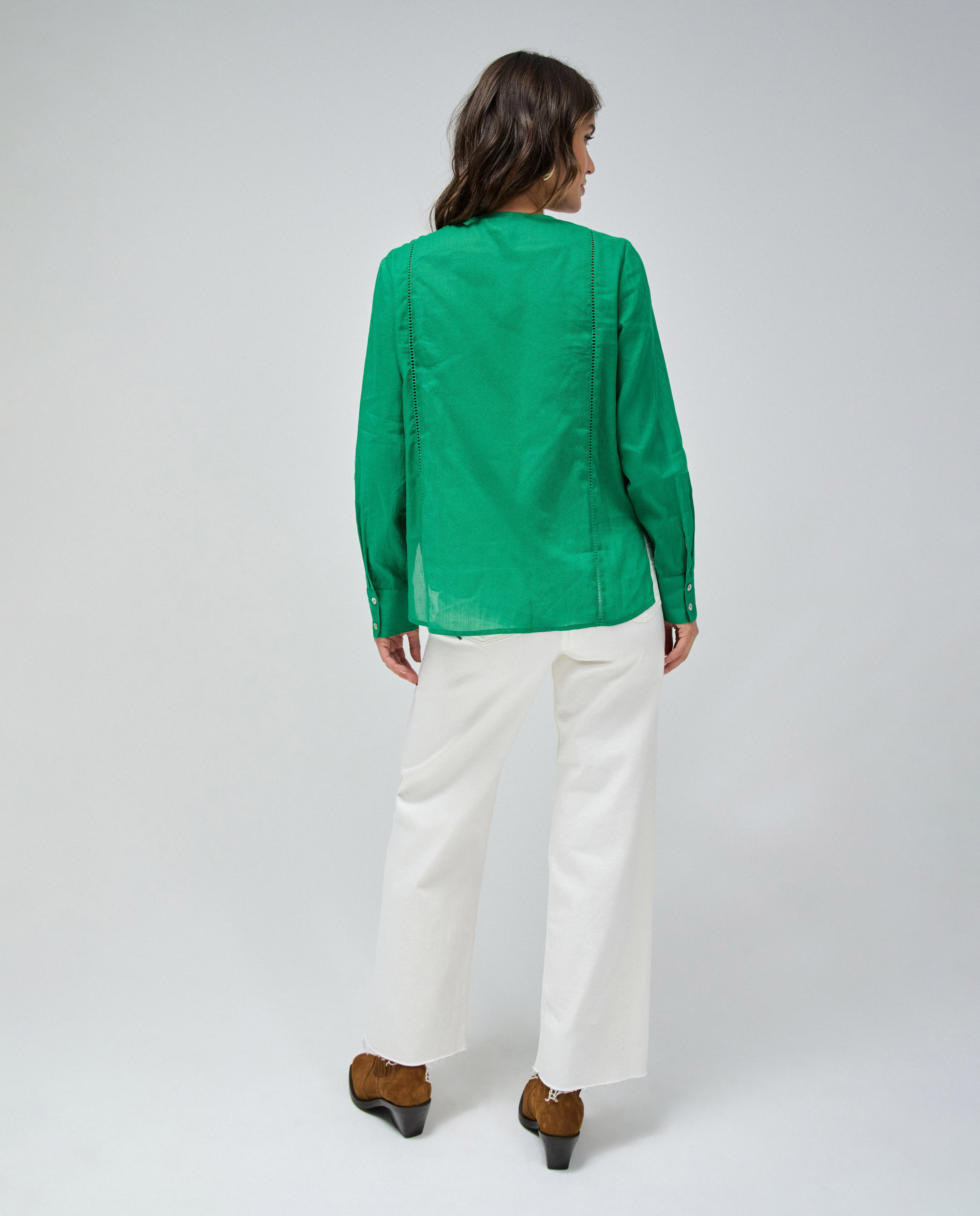 Camisa de Manga Comprida com Entredós Verde-3