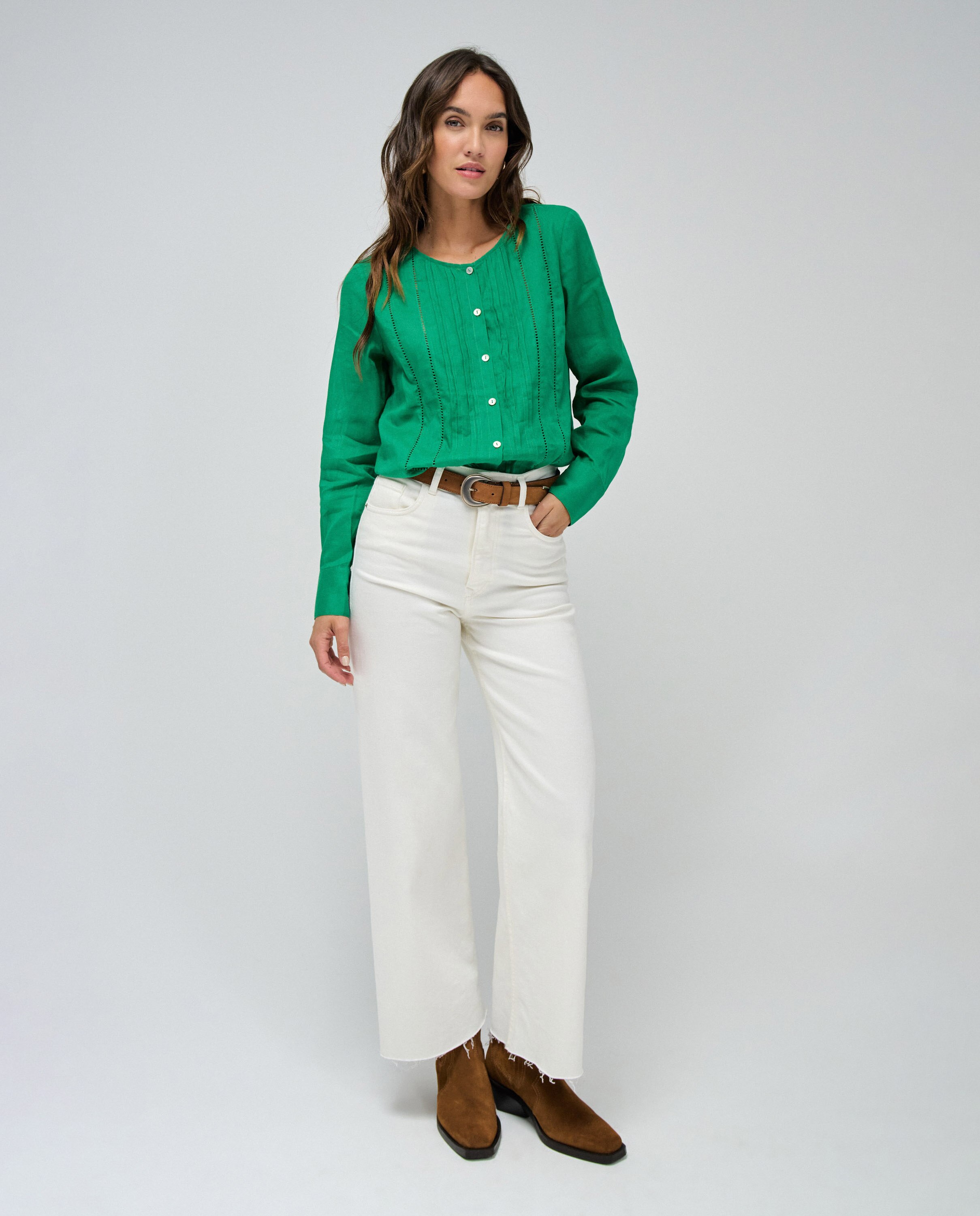 Camisa de Manga Comprida com Entredós Verde-5