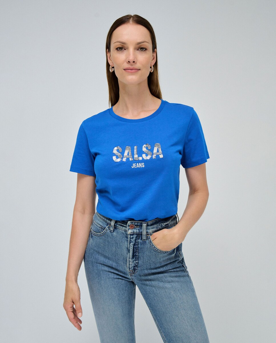 T-shirt de Manga Curta com Detalhe de Contas Brilhantes Azul-1
