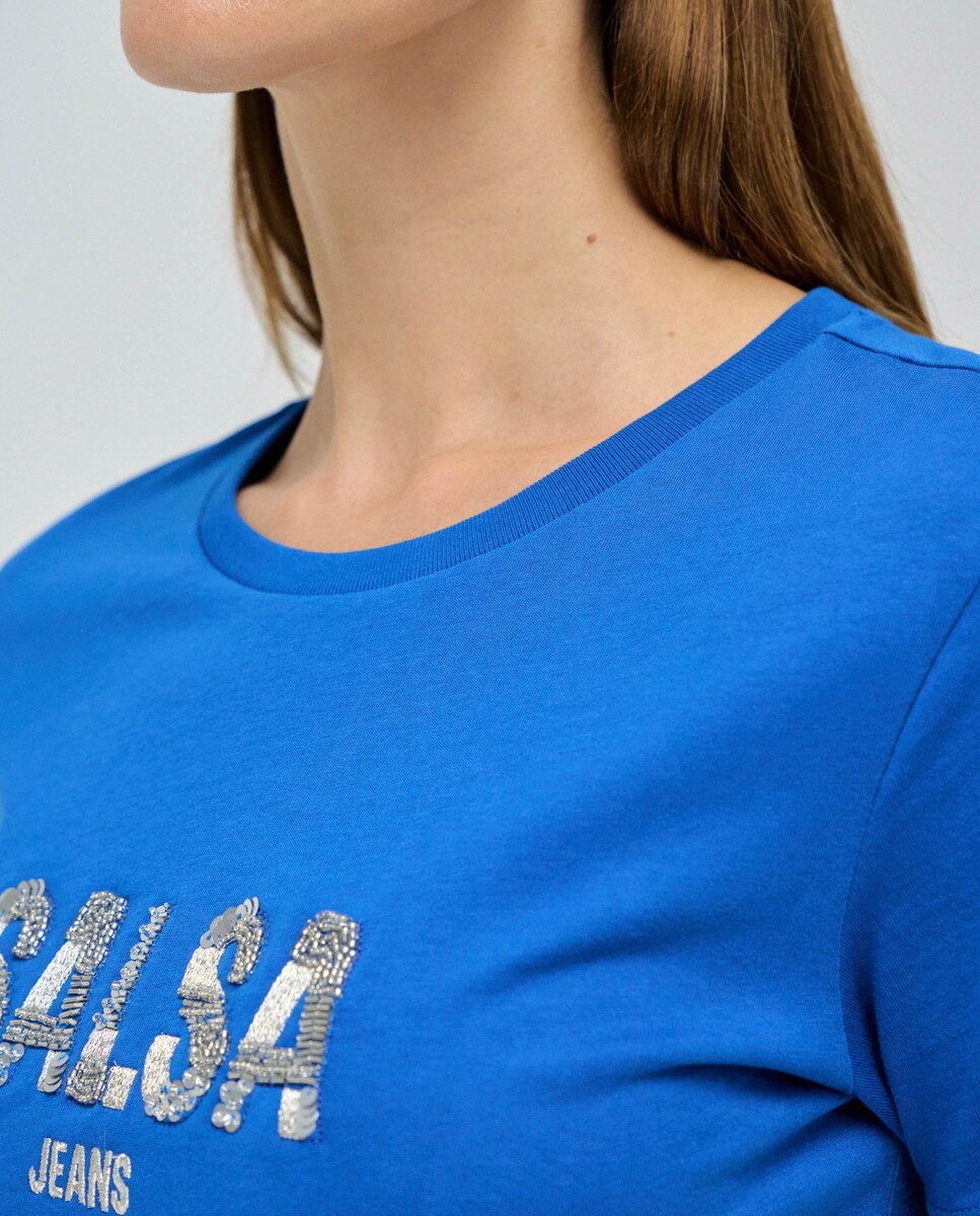 T-shirt de Manga Curta com Detalhe de Contas Brilhantes Azul-4