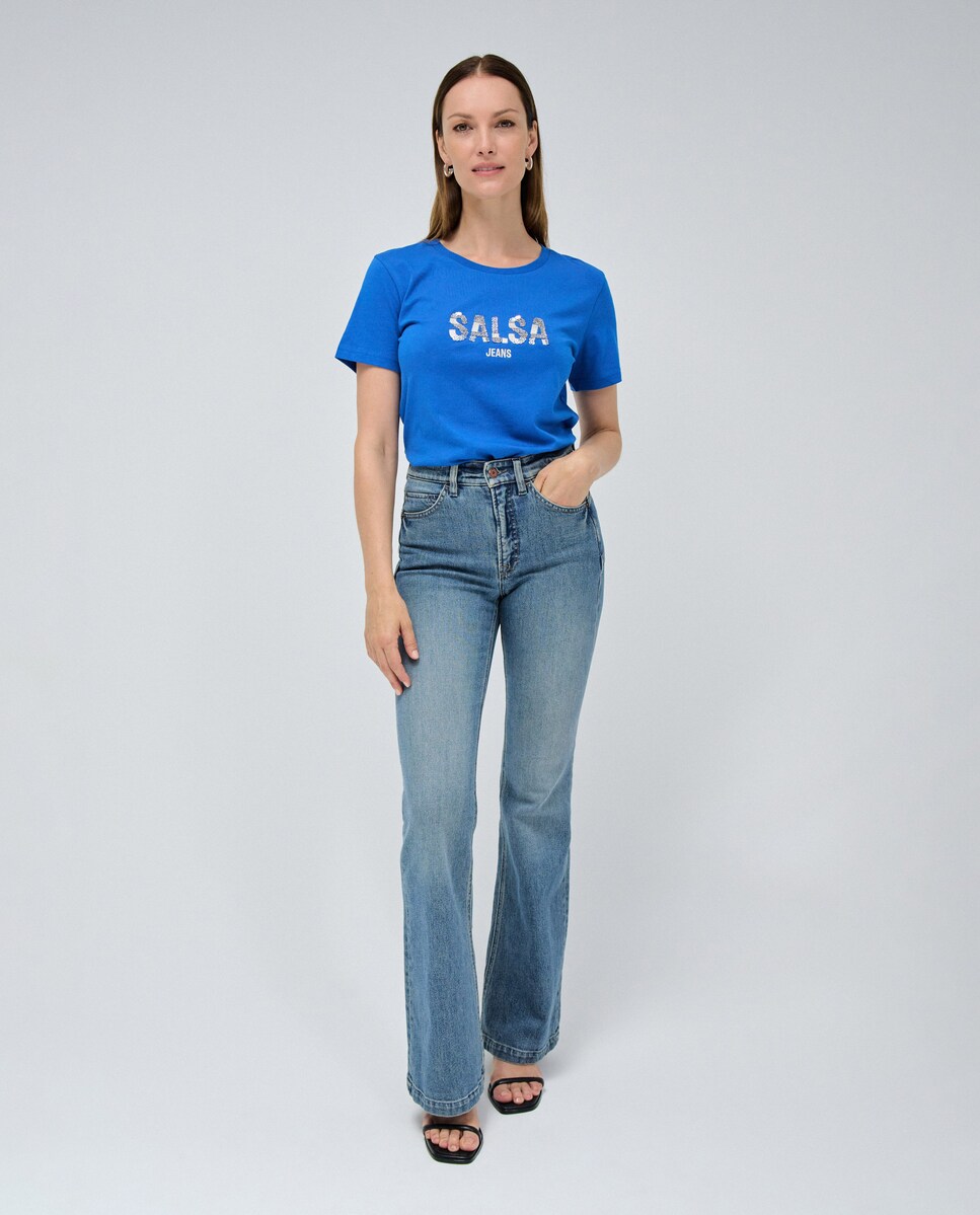 T-shirt de Manga Curta com Detalhe de Contas Brilhantes Azul-5