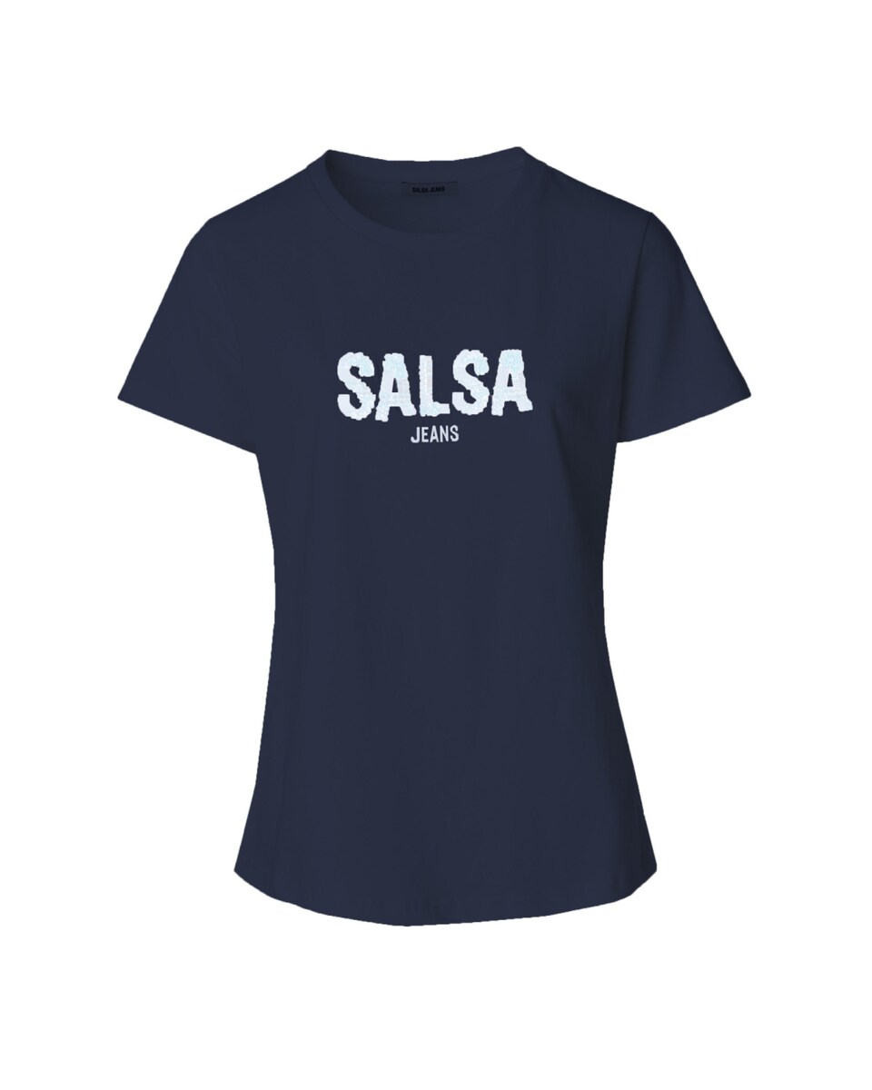 T-shirt de Manga Curta com Detalhe de Contas Brilhantes Azul-6