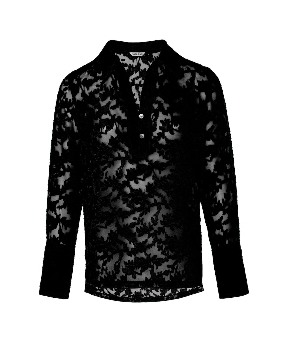 Blusa com Textura Devore e Manga Comprida Preto-6