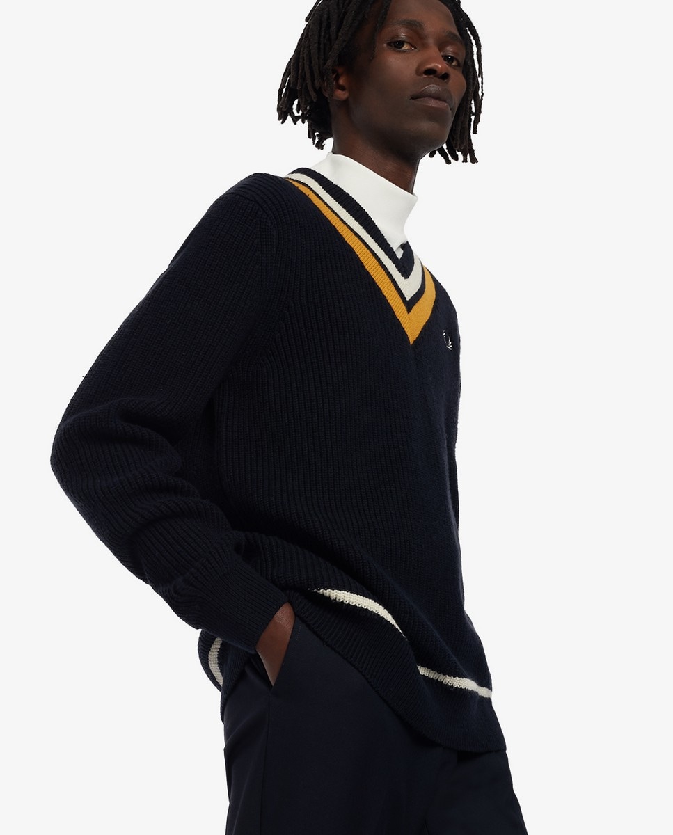 Pullover com gola em bico e riscas Marinho-1