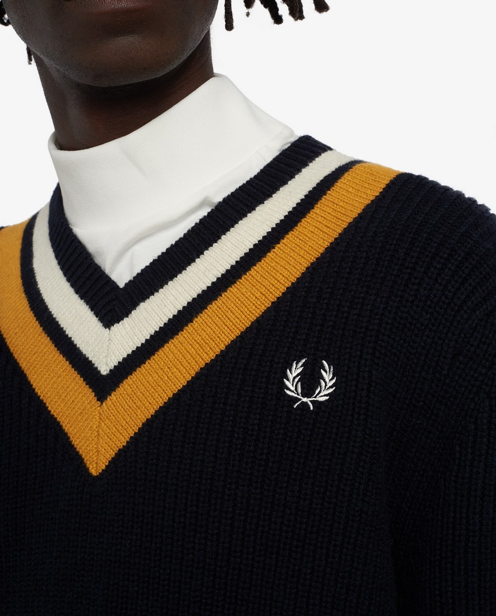 Pullover com gola em bico e riscas Marinho-3