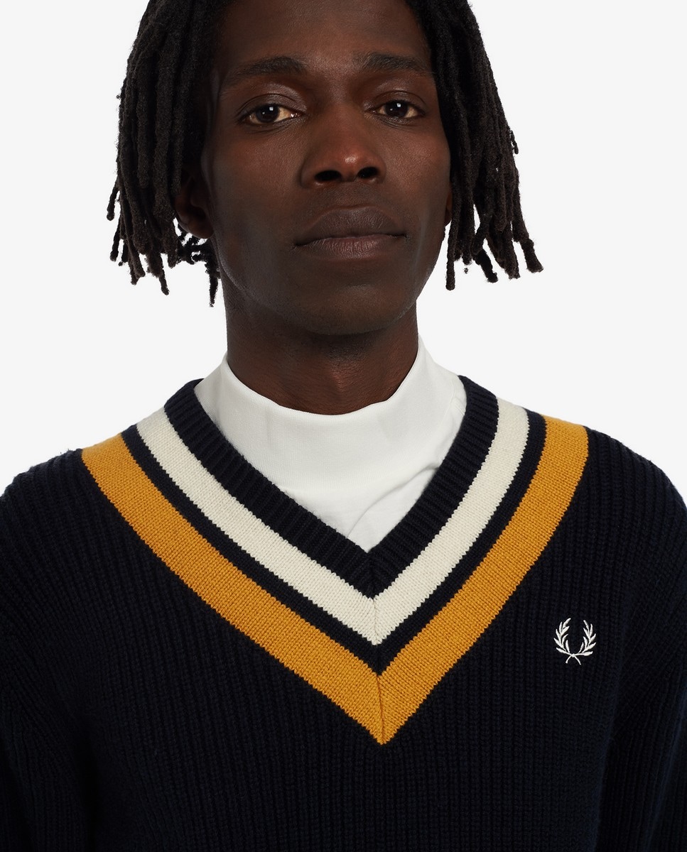 Pullover com gola em bico e riscas Marinho-4