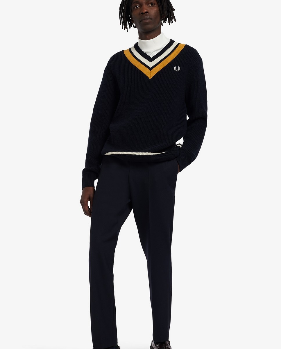 Pullover com gola em bico e riscas Marinho-5