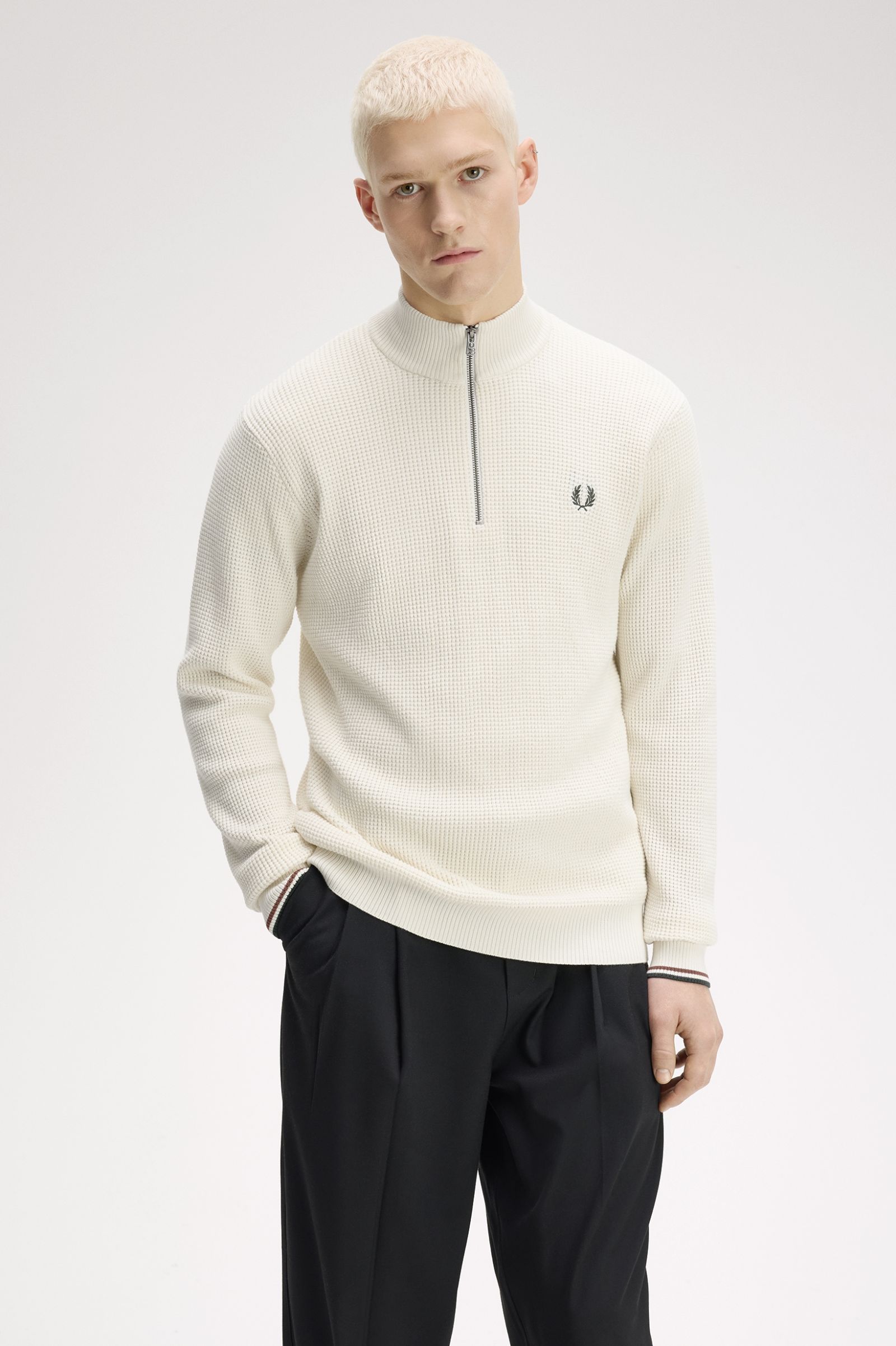 Camisola 'Waffle Stitch Half Zip' em Cru Cru-2