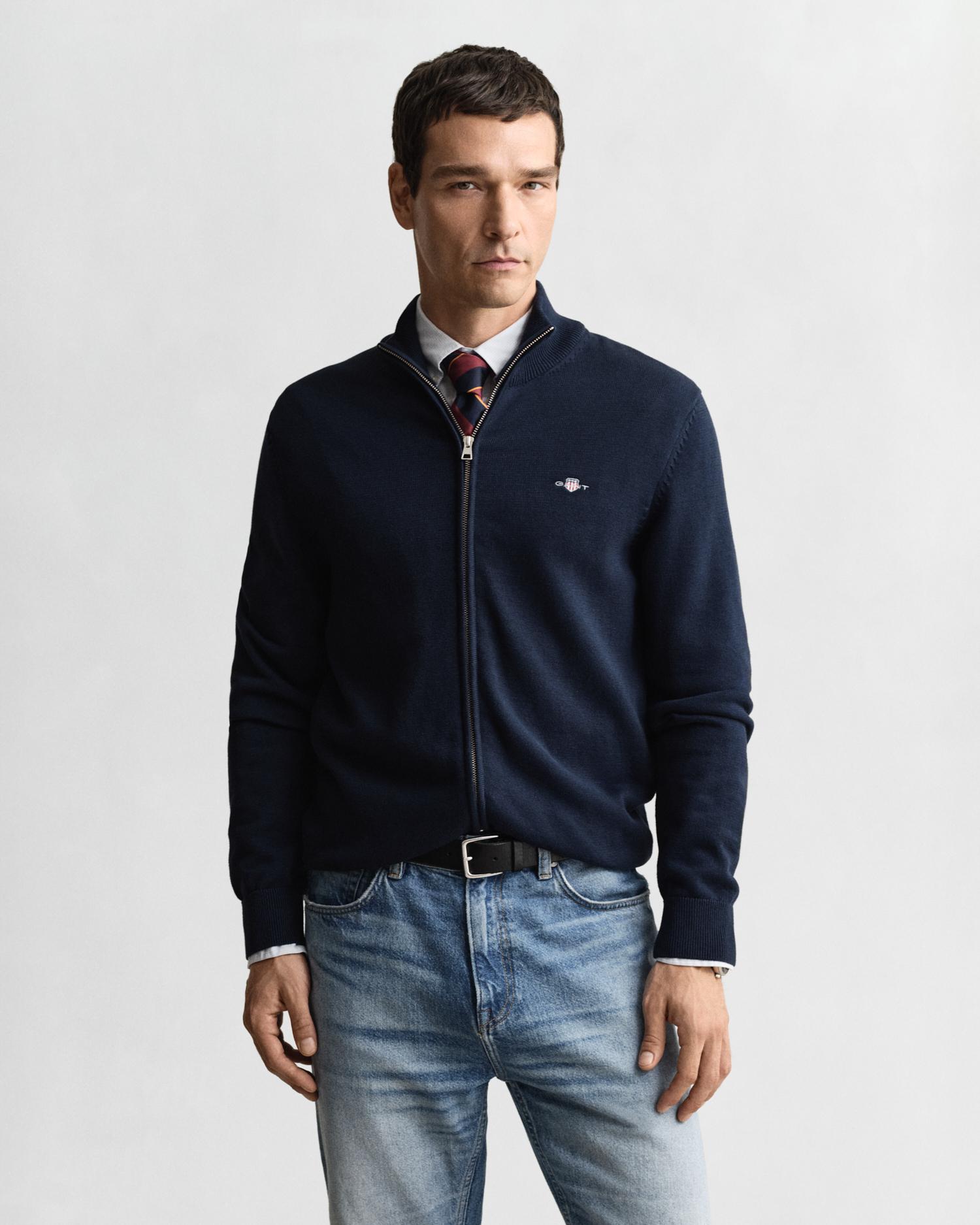 Cardigan de Algodão com Fecho Zip Azul-escuro-1