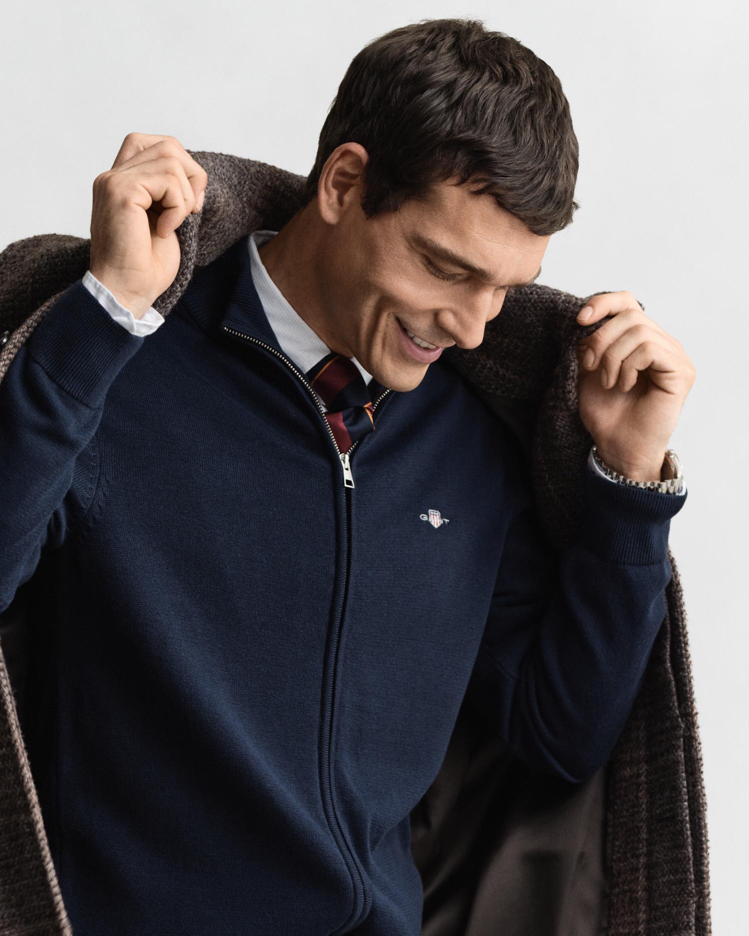Cardigan de Algodão com Fecho Zip Azul-escuro-3