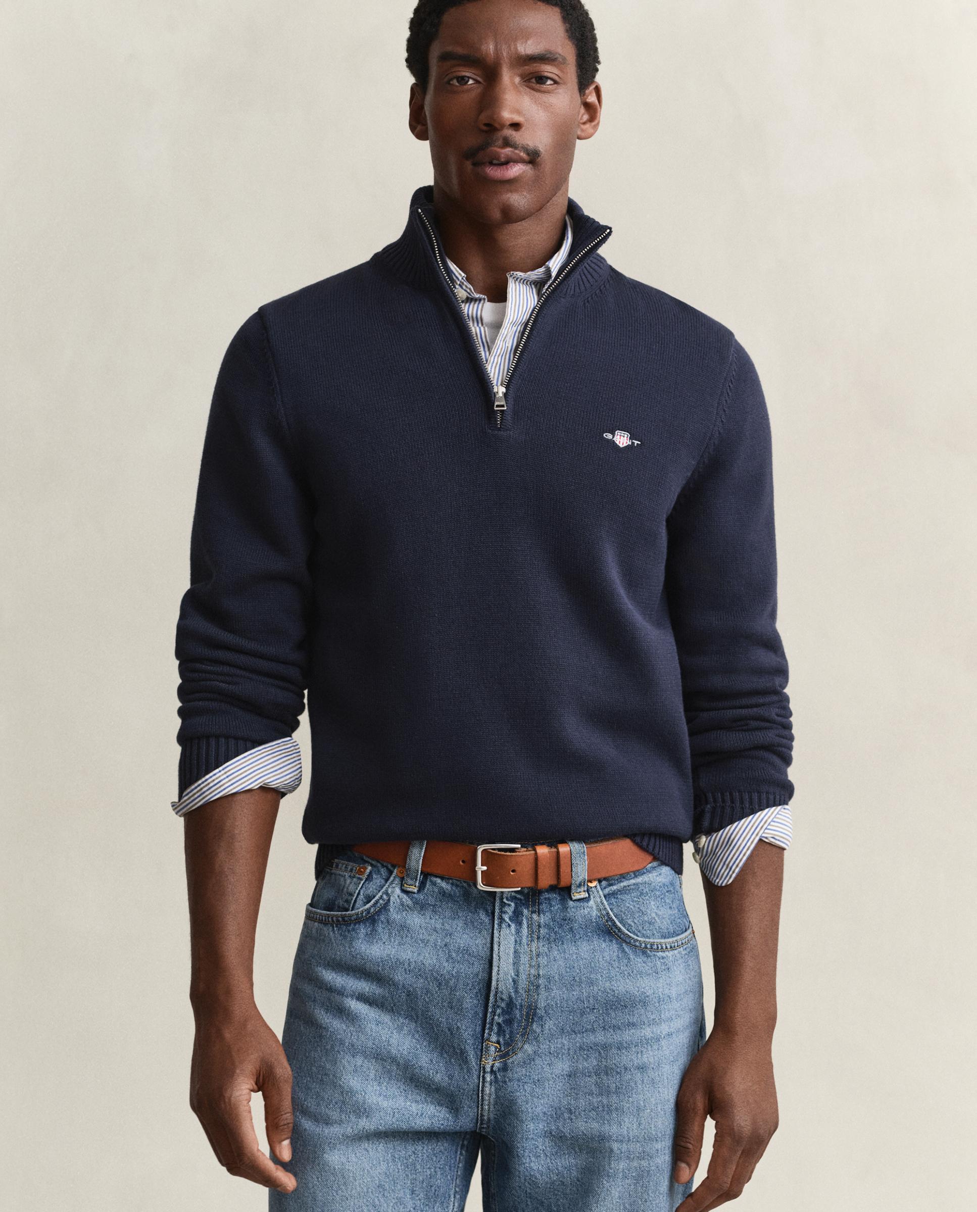 Camisola de Gola Alta com Fecho Zip Azul-escuro-1