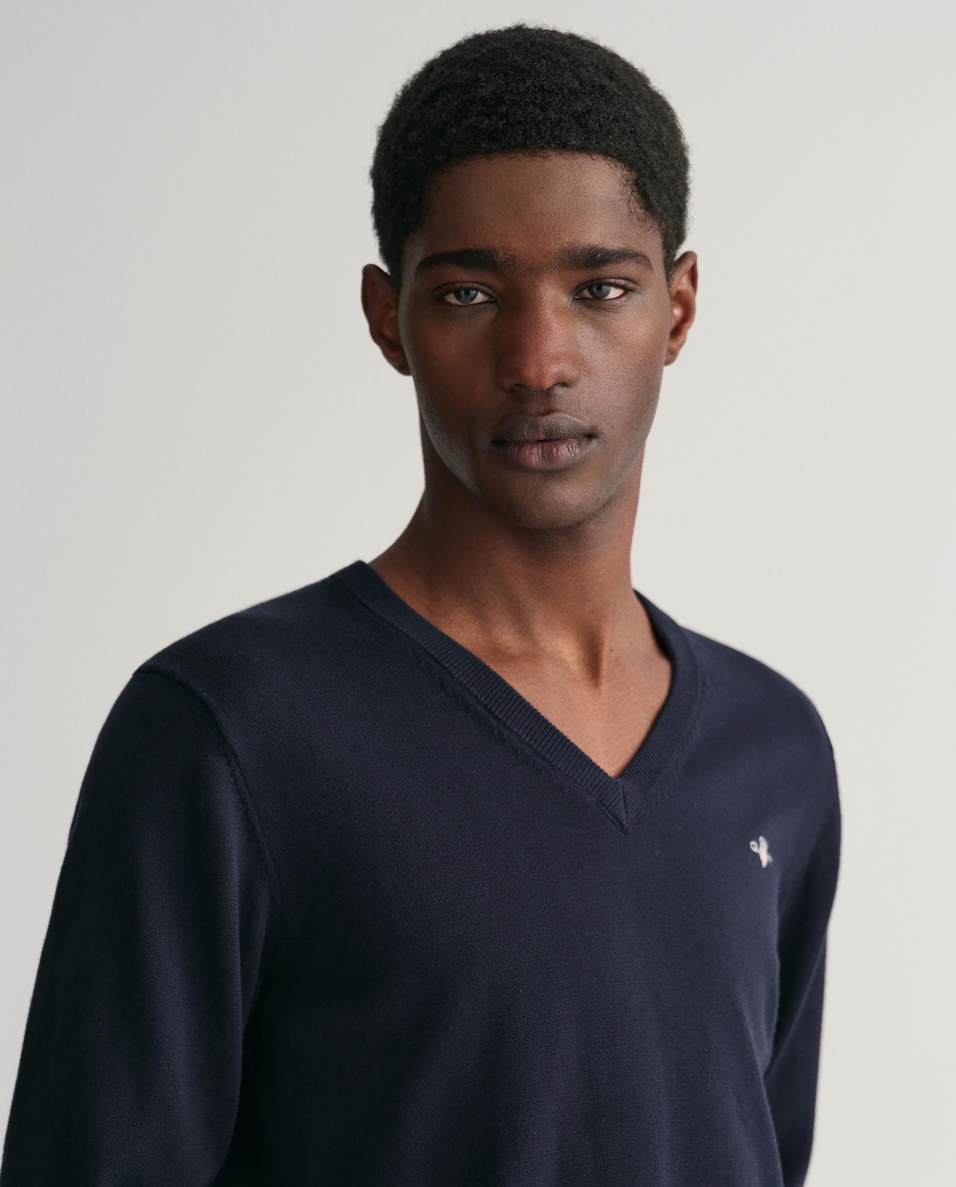 Camisola de Algodão com Gola em V Azul-3