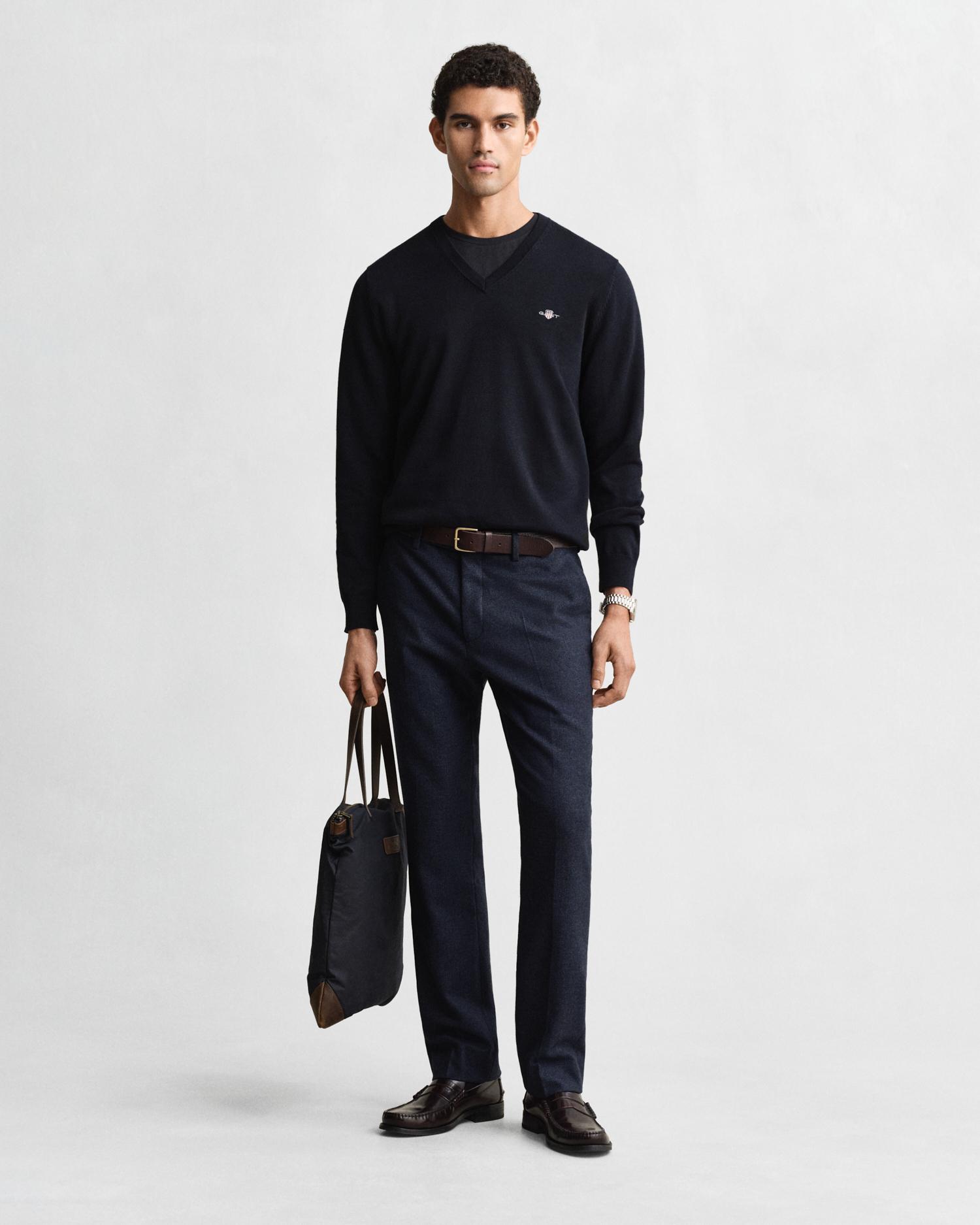 Camisola de Algodão com Gola em V Azul-5