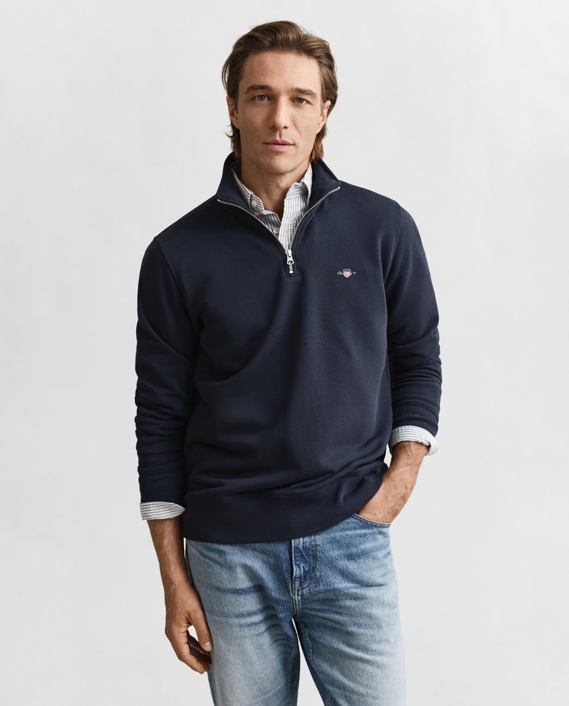 Sweatshirt com Fecho Zip de Gola Alta e Logo no Peito Azul-escuro-7