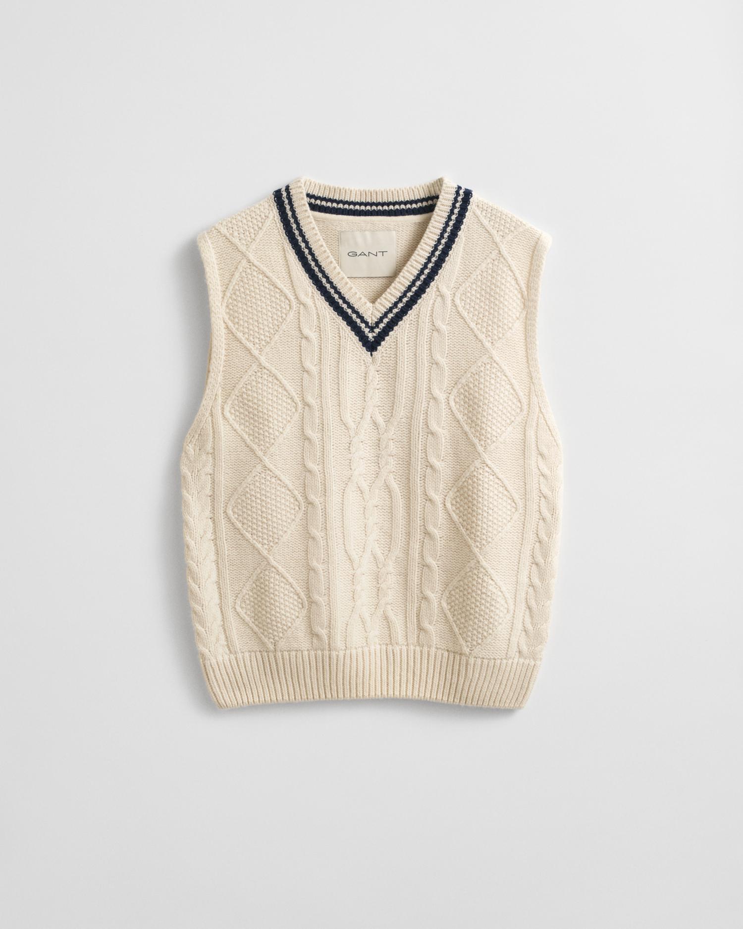 Colete de Malha com Design de Oitos e Gola em V Branco-5