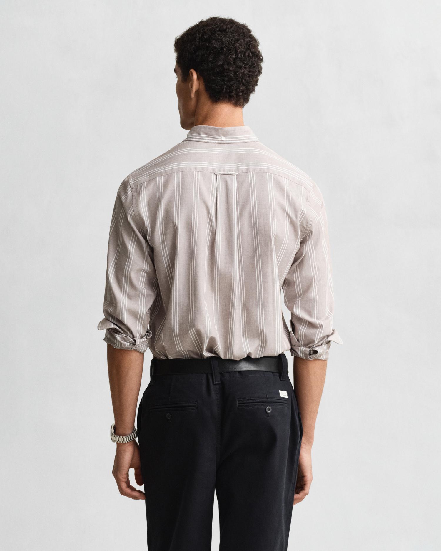 Camisa Regular Fit de Popelina Às Riscas Bege-2