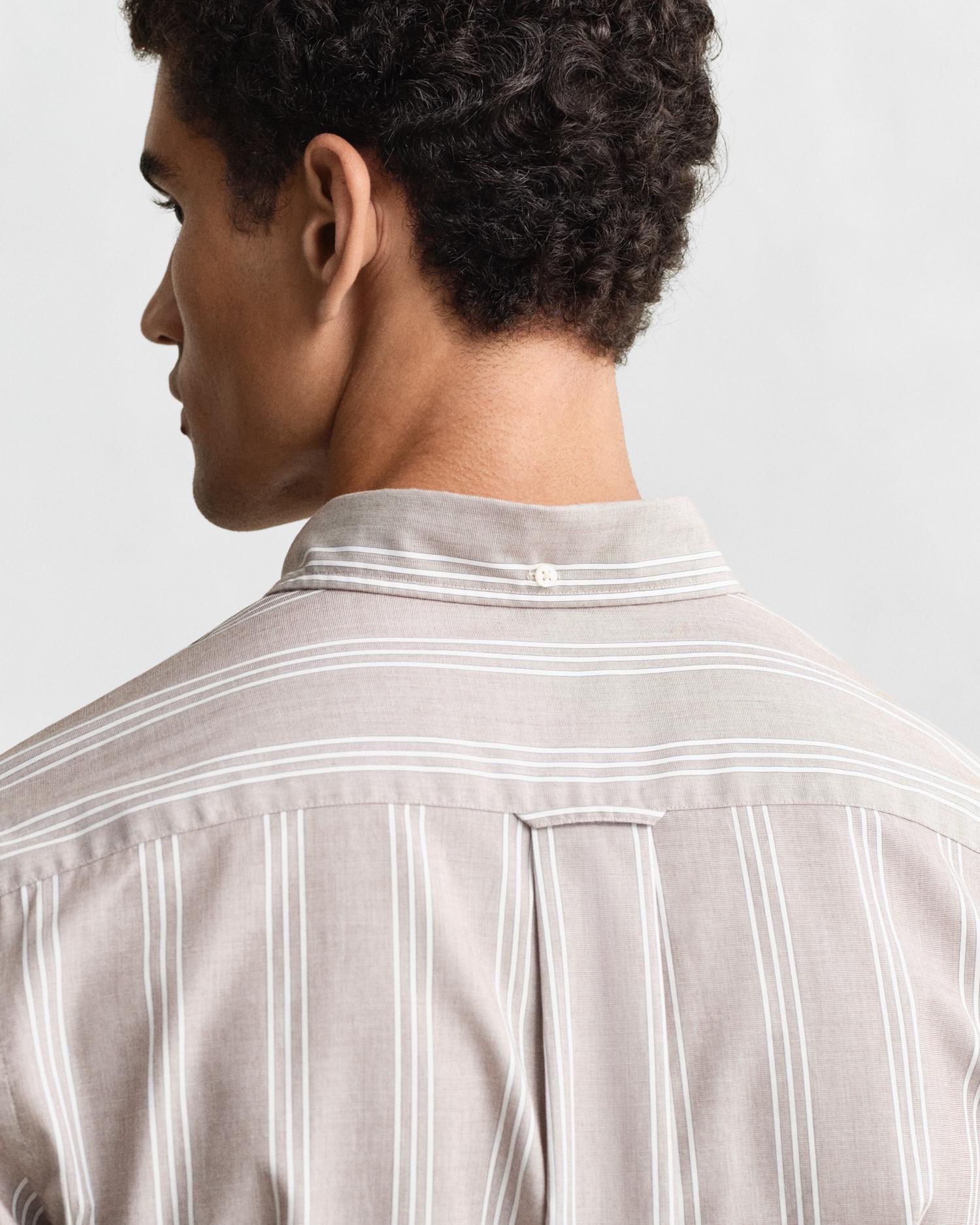 Camisa Regular Fit de Popelina Às Riscas Bege-3