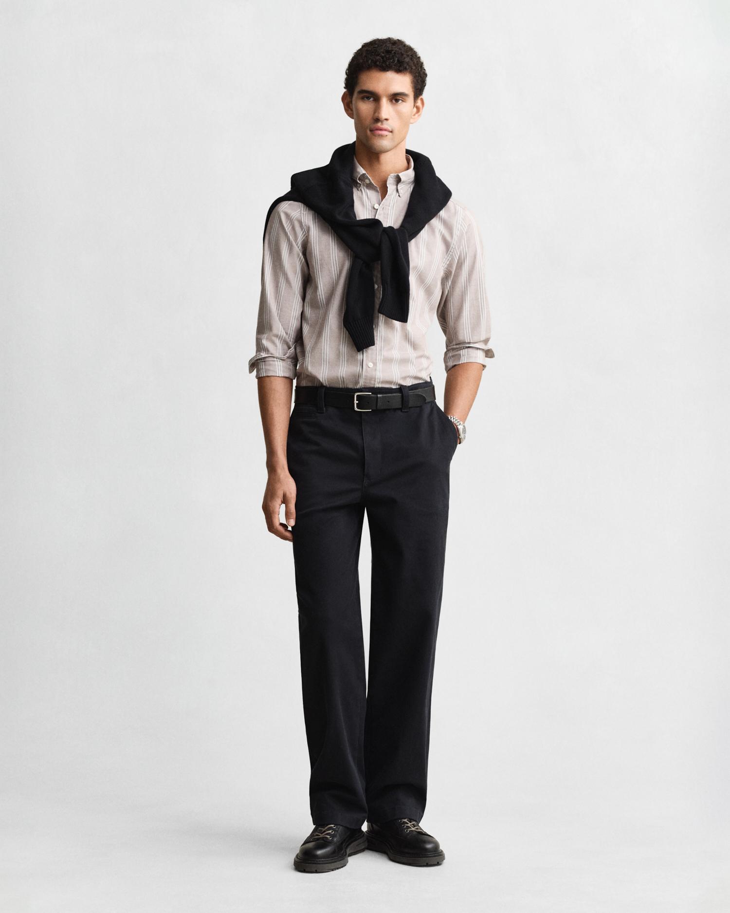 Camisa Regular Fit de Popelina Às Riscas Bege-4