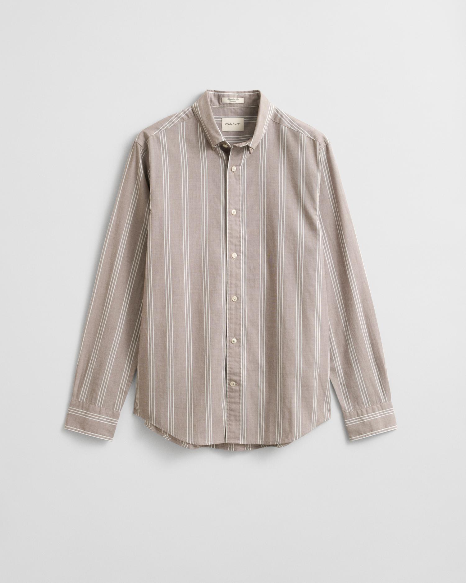 Camisa Regular Fit de Popelina Às Riscas Bege-5