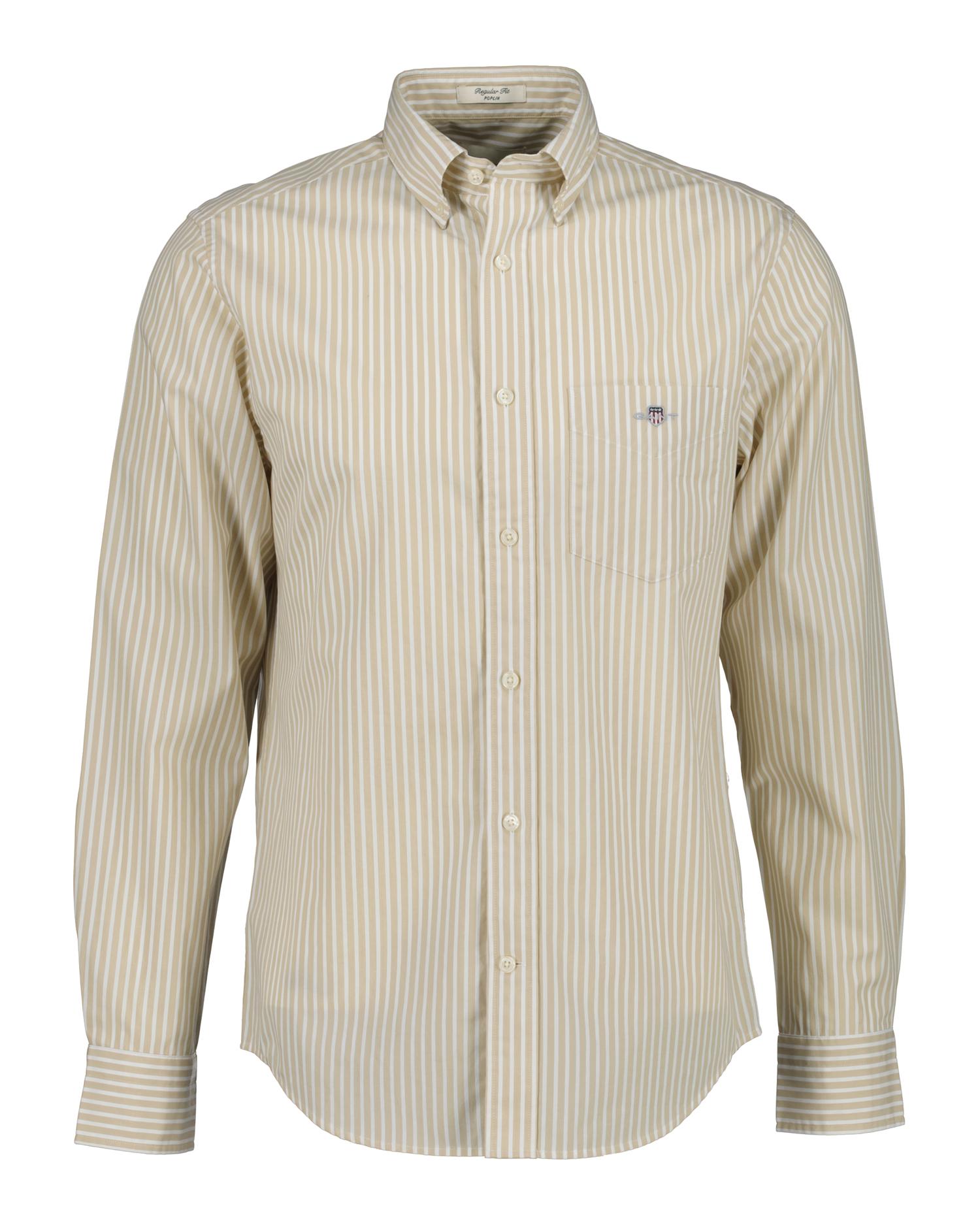 Camisa Clássica de Popelina Às Riscas Bege-1