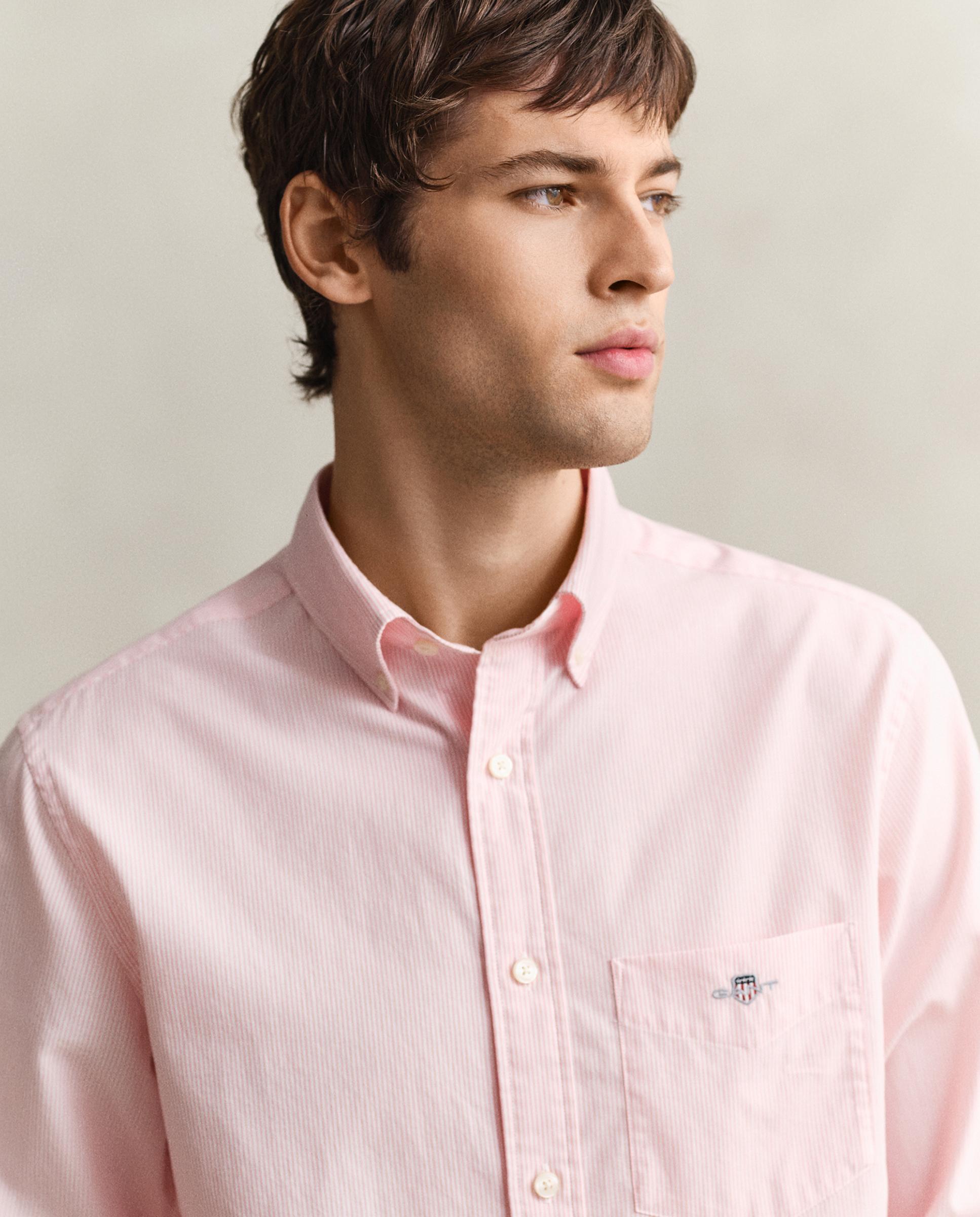 Camisa Clássica de Popelina Às Riscas Finas Rosa-3