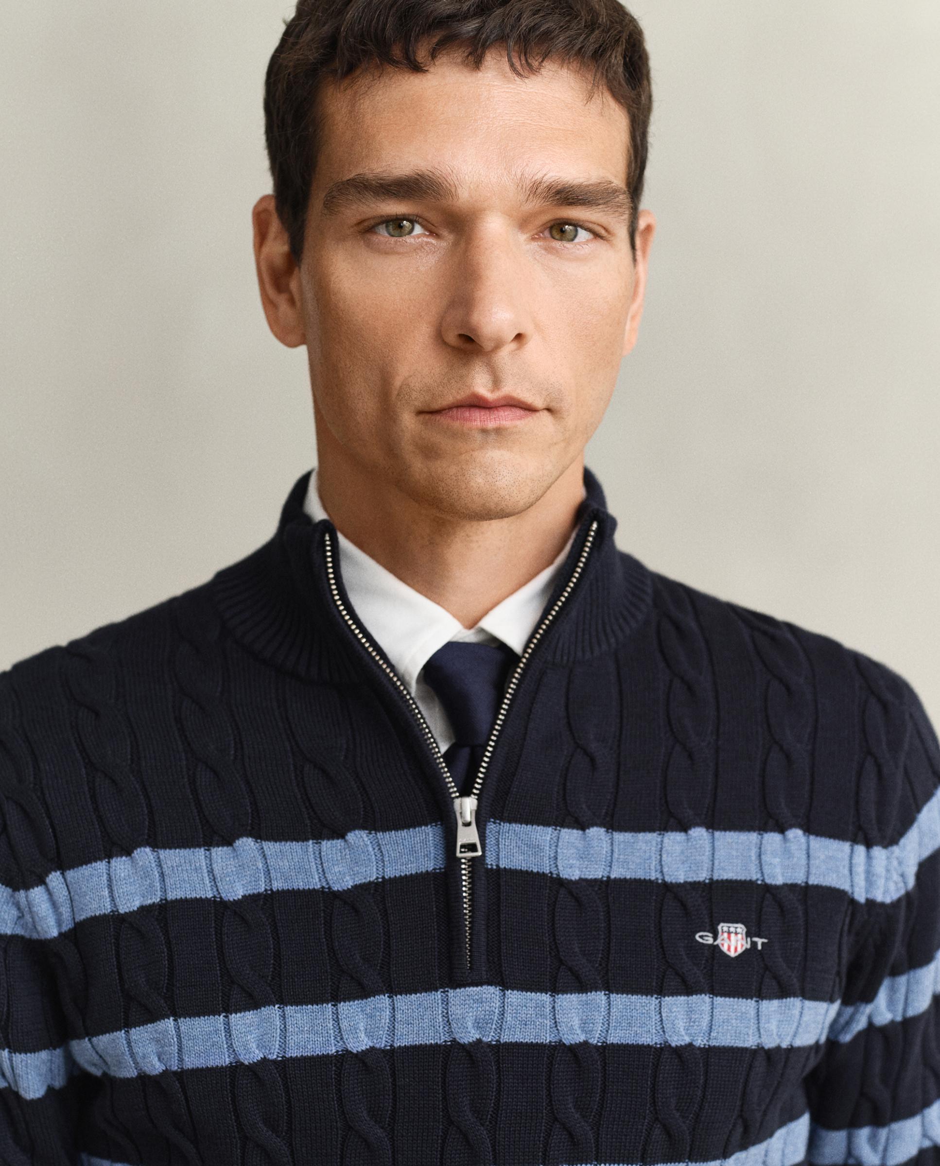 Camisola de Malha de Oitos em Algodão Às Riscas com Meia Fecho Zip Azul-marinho-3