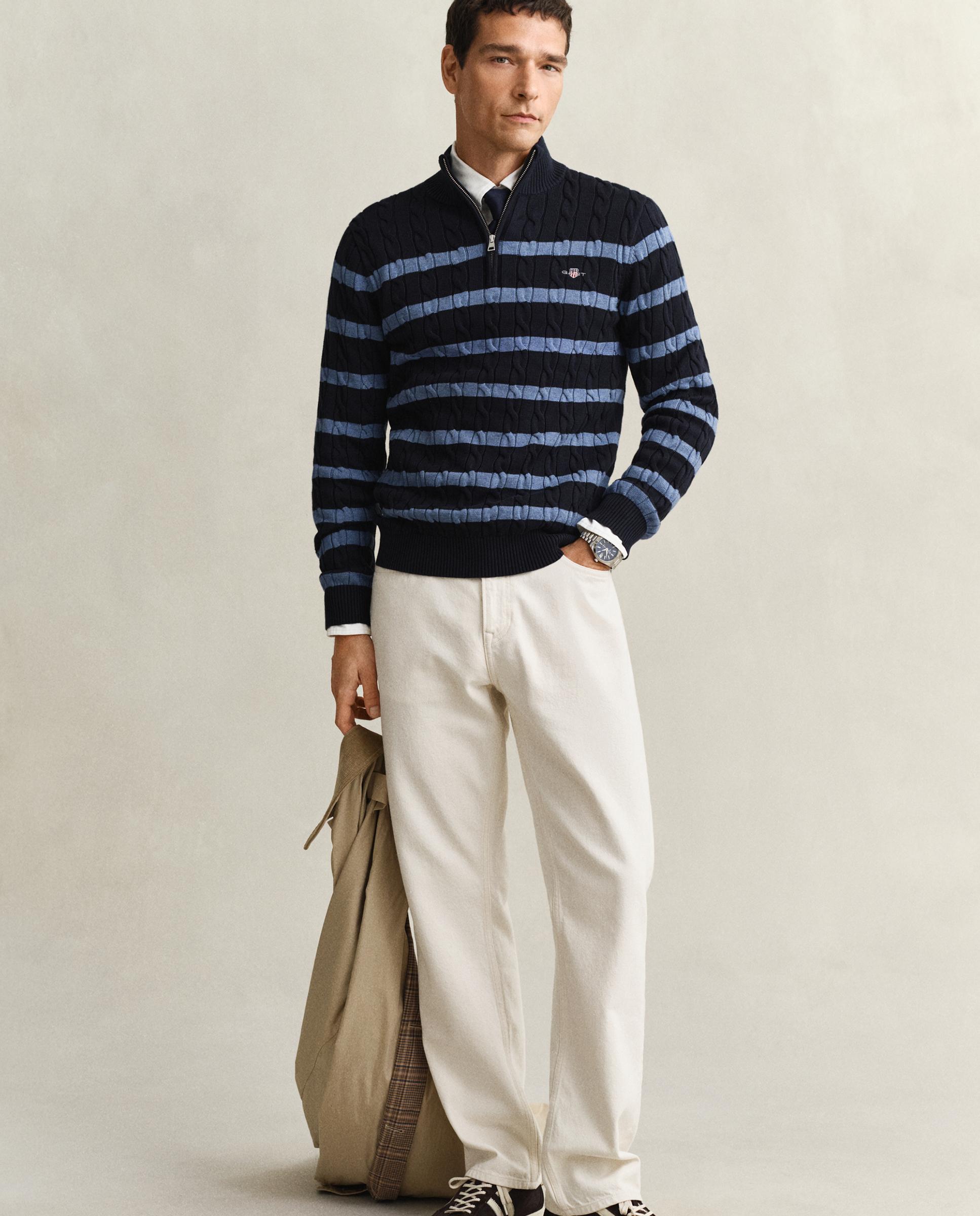 Camisola de Malha de Oitos em Algodão Às Riscas com Meia Fecho Zip Azul-marinho-4