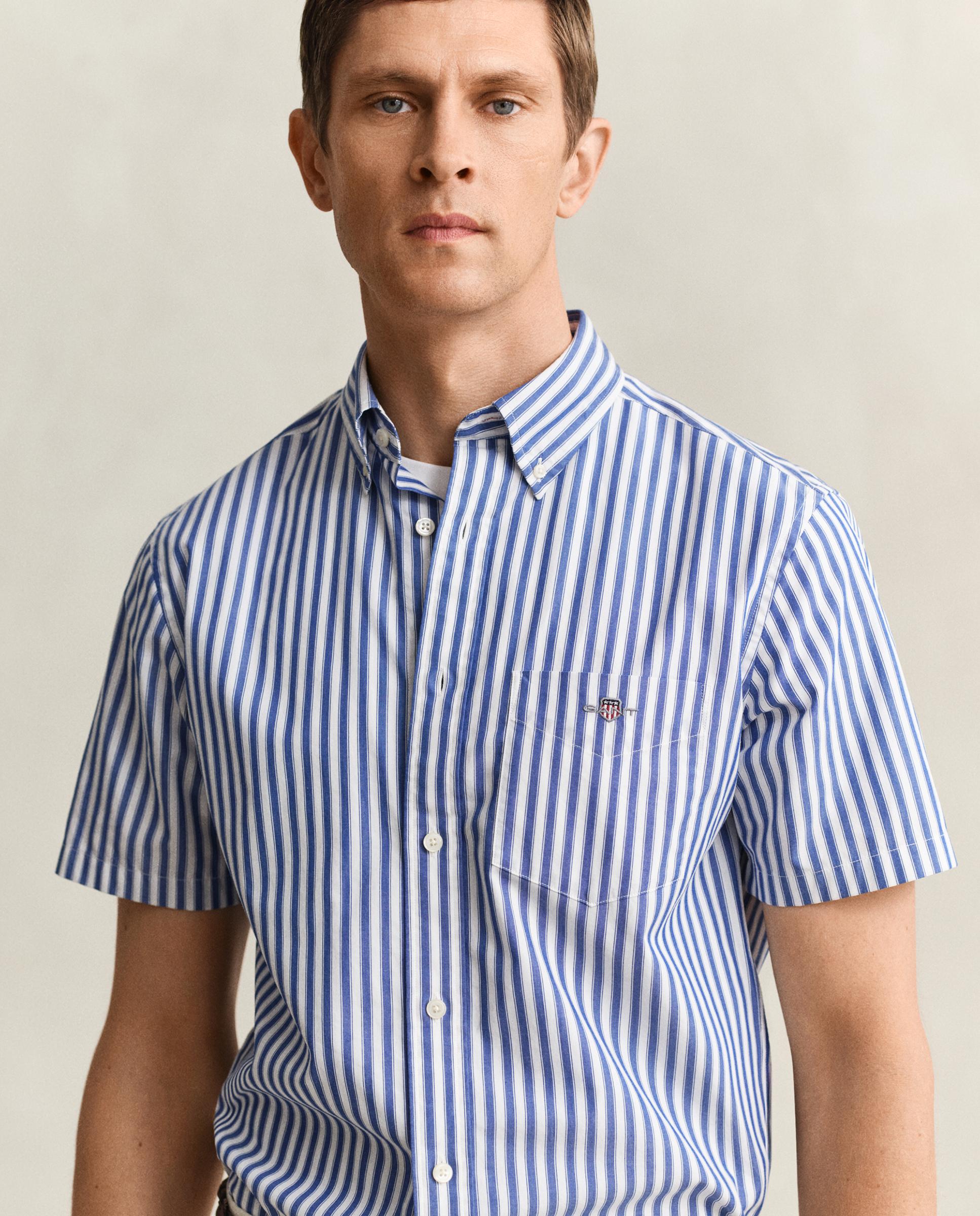 Camisa Clássica de Manga Curta em Popelina Às Riscas Azul-marinho-3