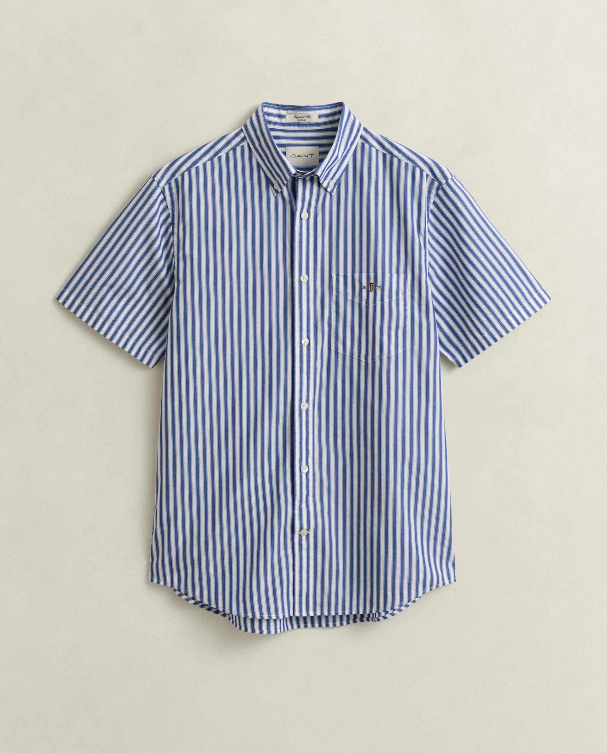 Camisa Clássica de Manga Curta em Popelina Às Riscas Azul-marinho-5