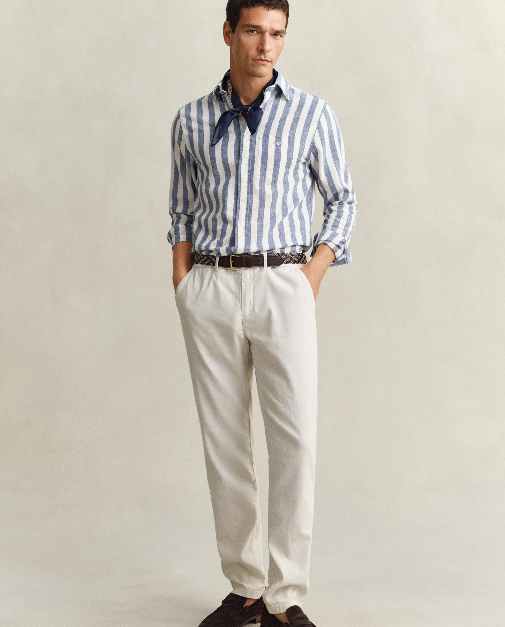 Camisa de Mistura de Linho Às Riscas Azul-celeste-4