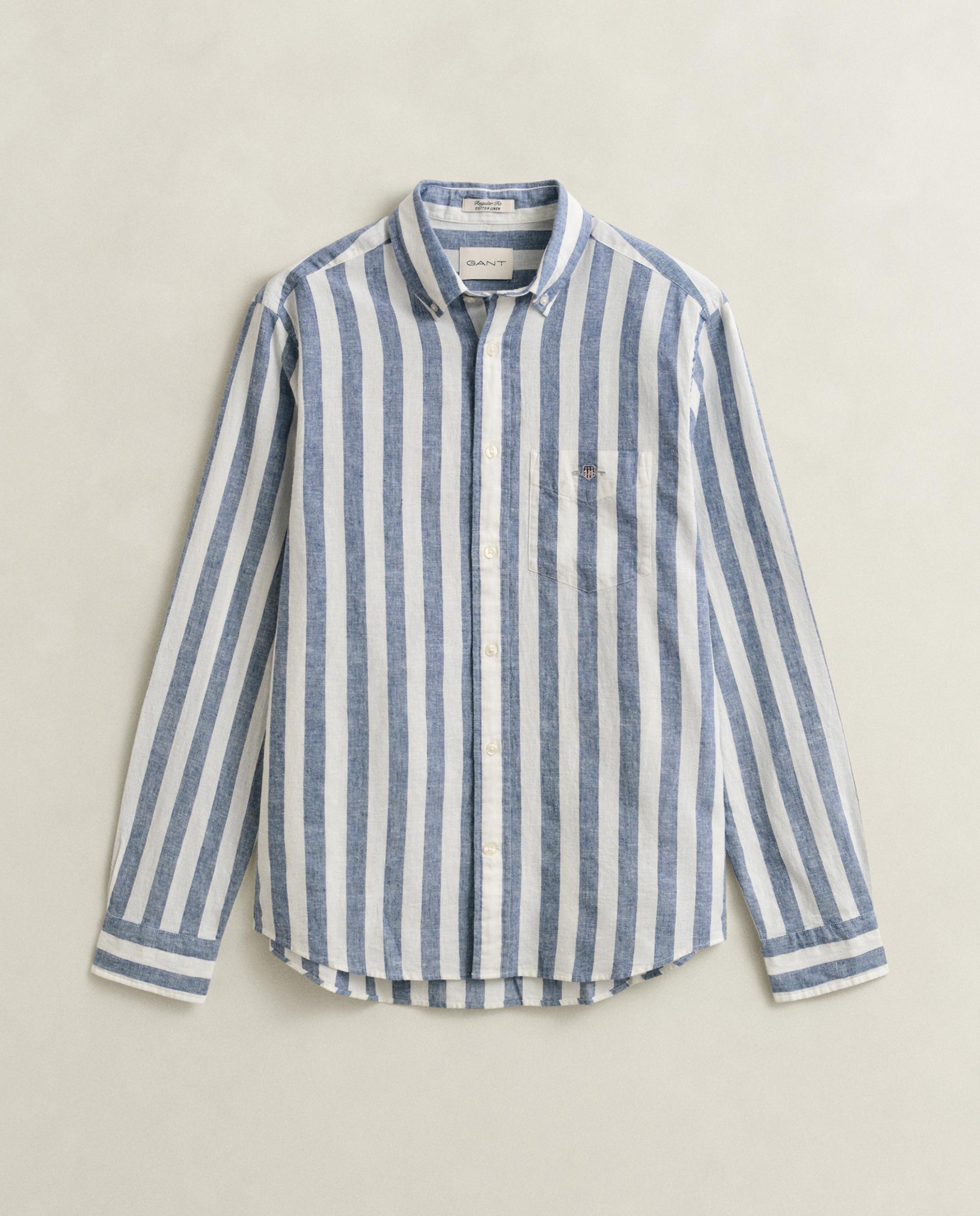 Camisa de Mistura de Linho Às Riscas Azul-celeste-5