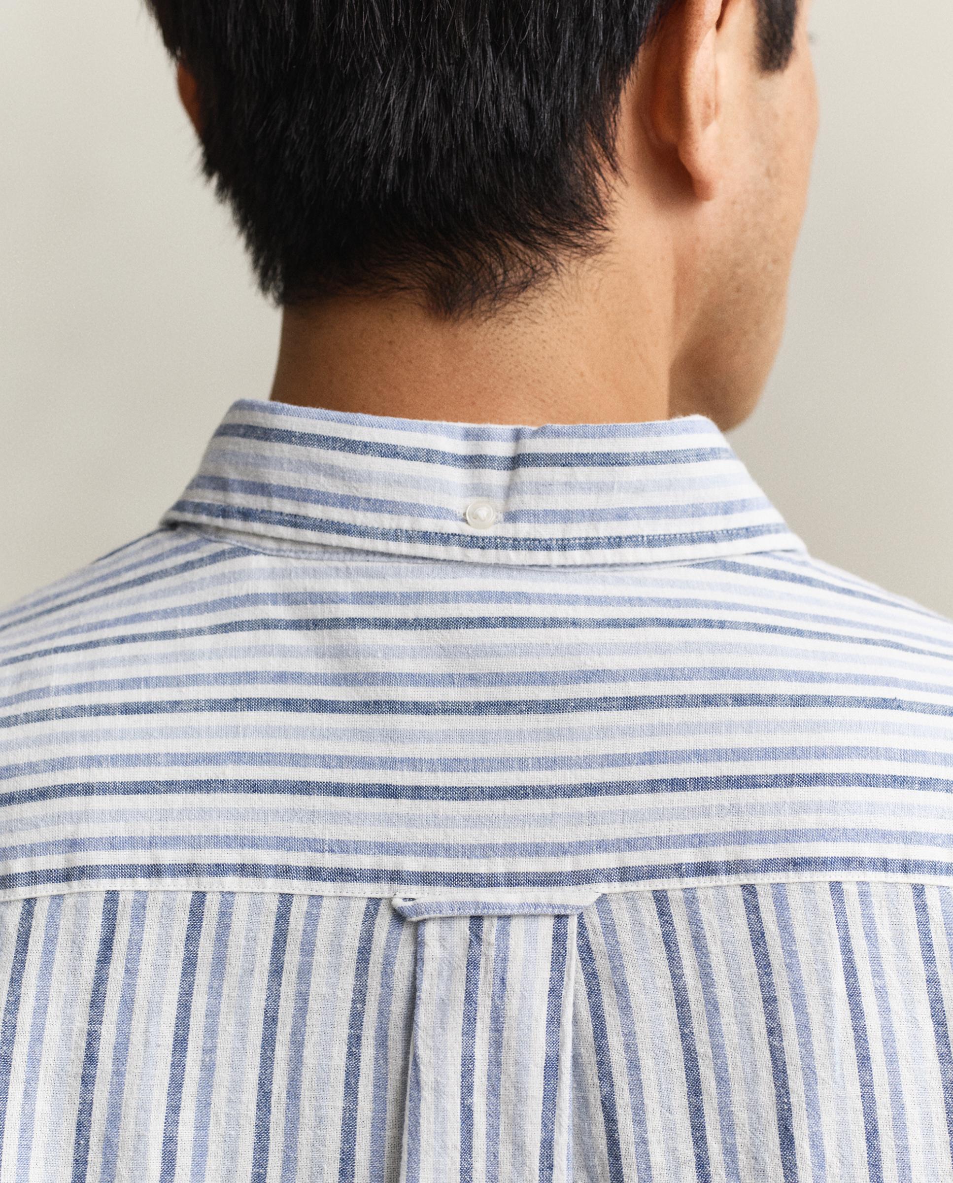 Camisa de Mistura de Linho Às Riscas Azul-celeste-3