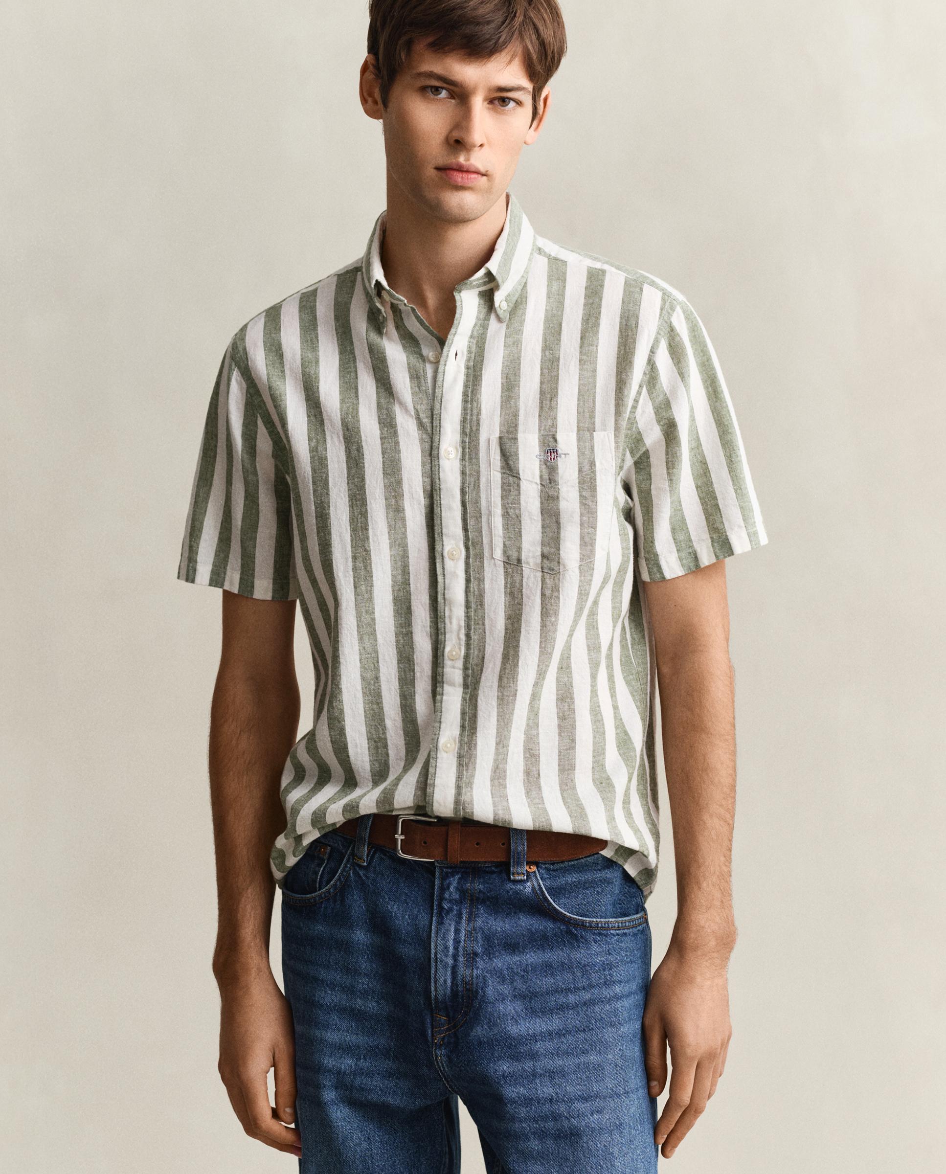 Imagem 0 de Camisa de Manga Curta em Mescla de Linho Às Riscas
