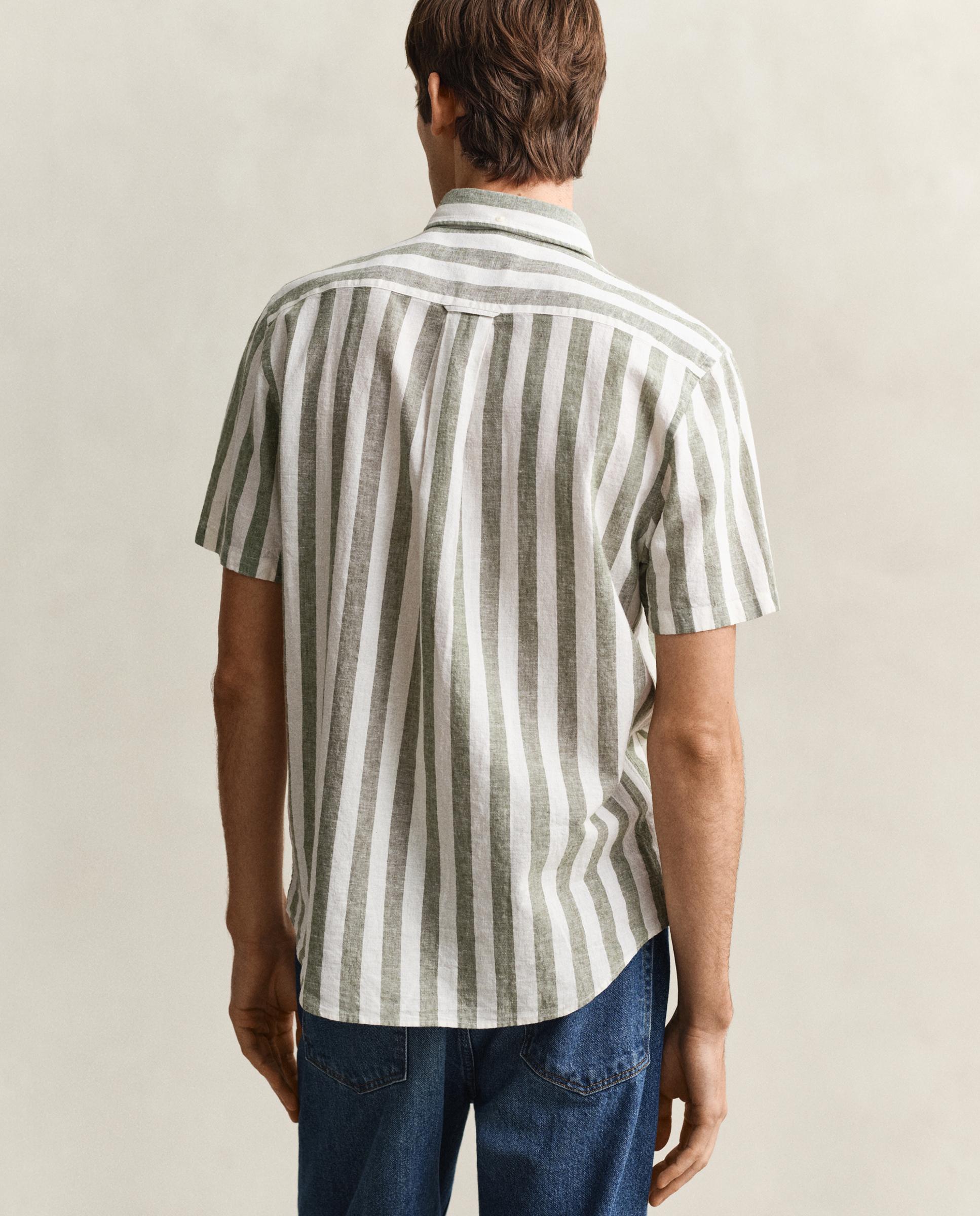Camisa de Manga Curta em Mescla de Linho Às Riscas Verde-2
