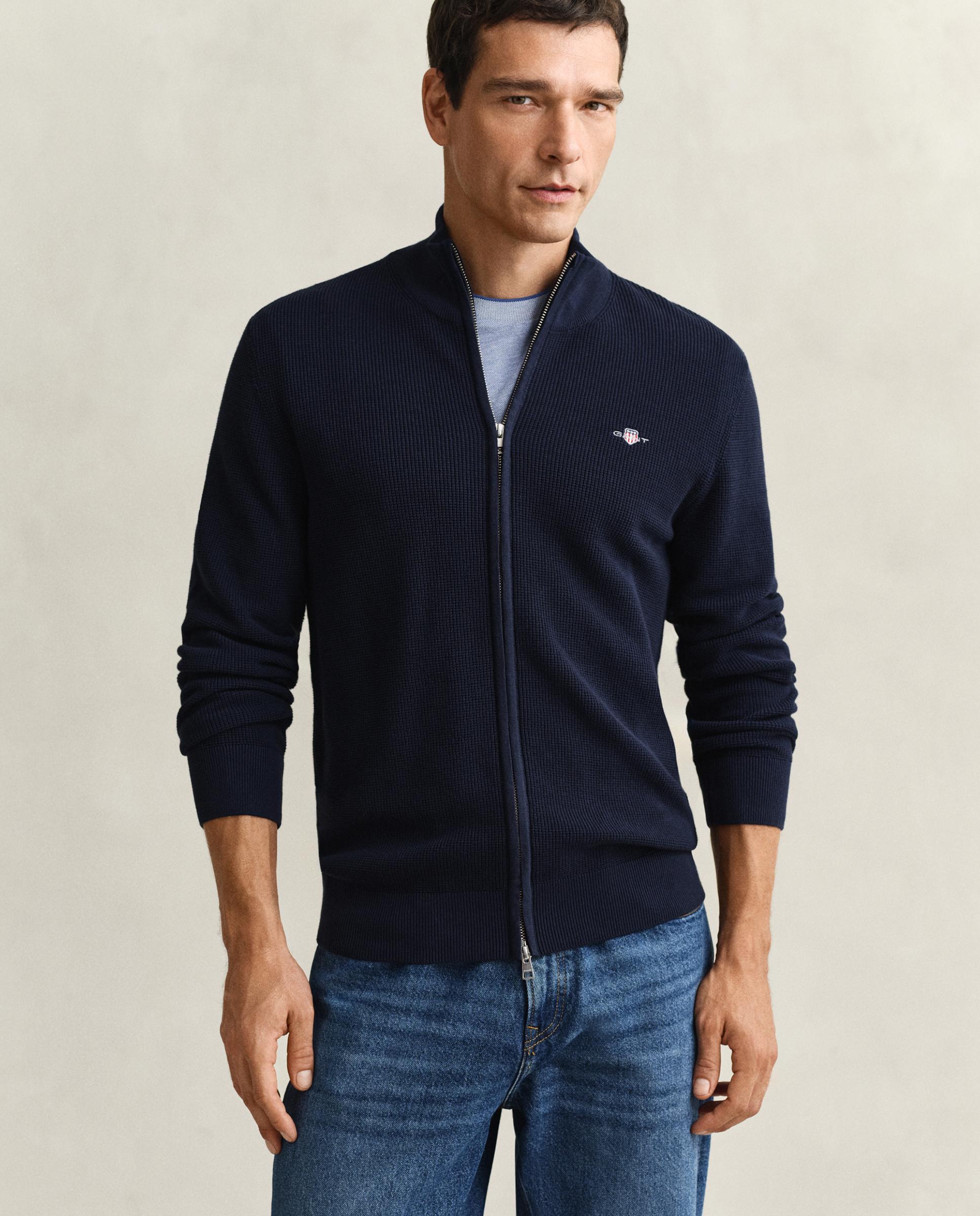 Cárdigan de Algodão com Fecho Zip e Textura Azul-marinho-1