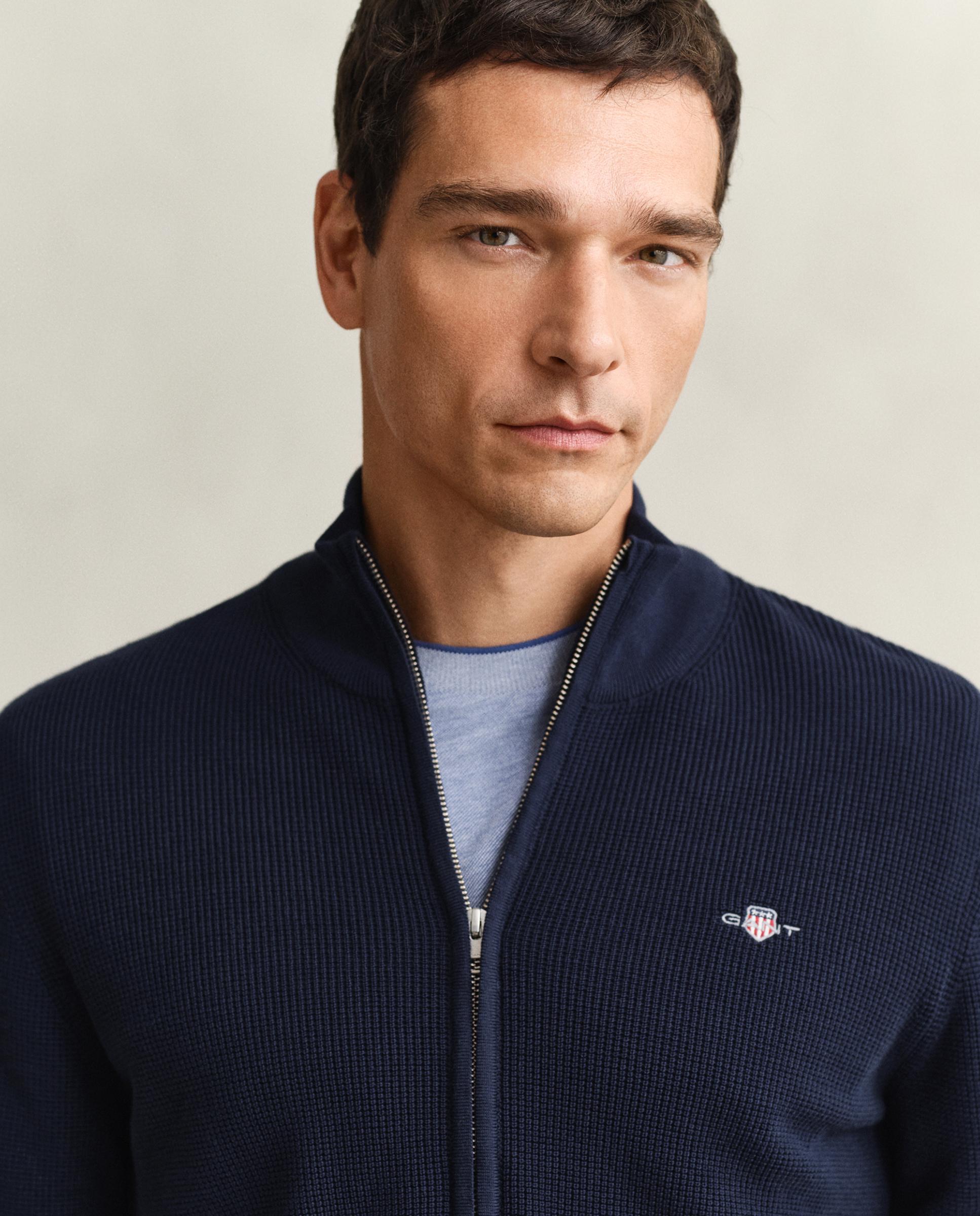 Cárdigan de Algodão com Fecho Zip e Textura Azul-marinho-3