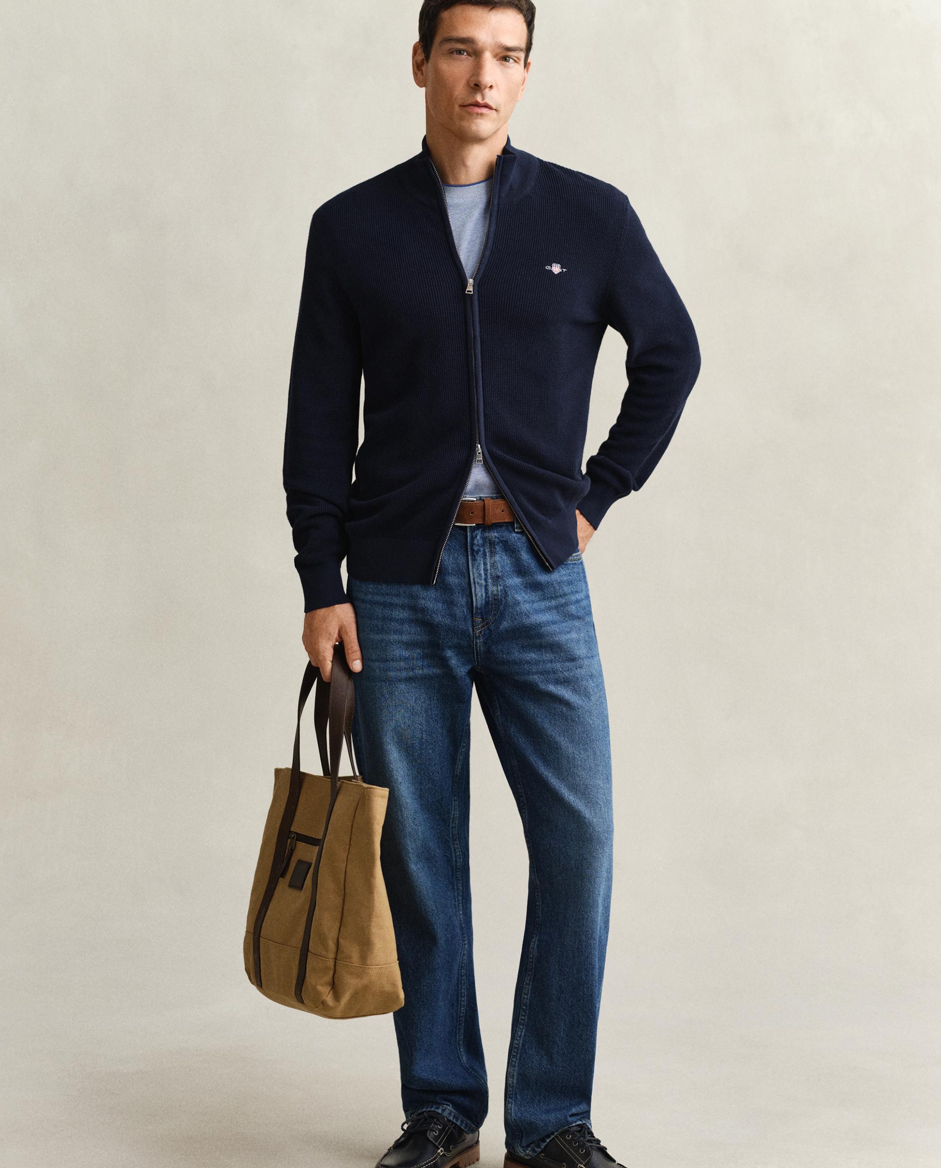 Cárdigan de Algodão com Fecho Zip e Textura Azul-marinho-2